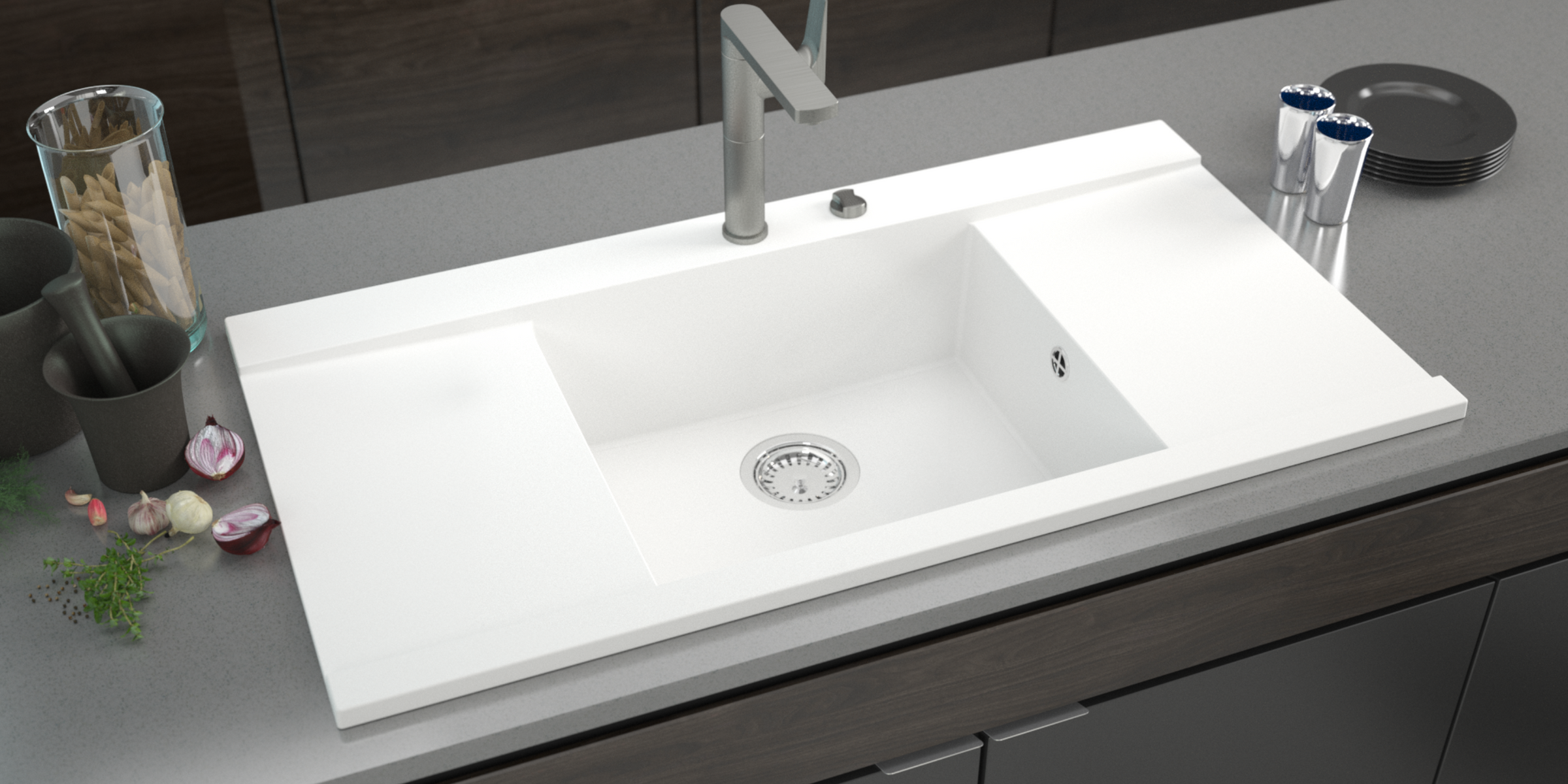 Fonctionnalité maximale avec l’évier MYLO en granit blanc, doté d’un bac et de deux égouttoirs.