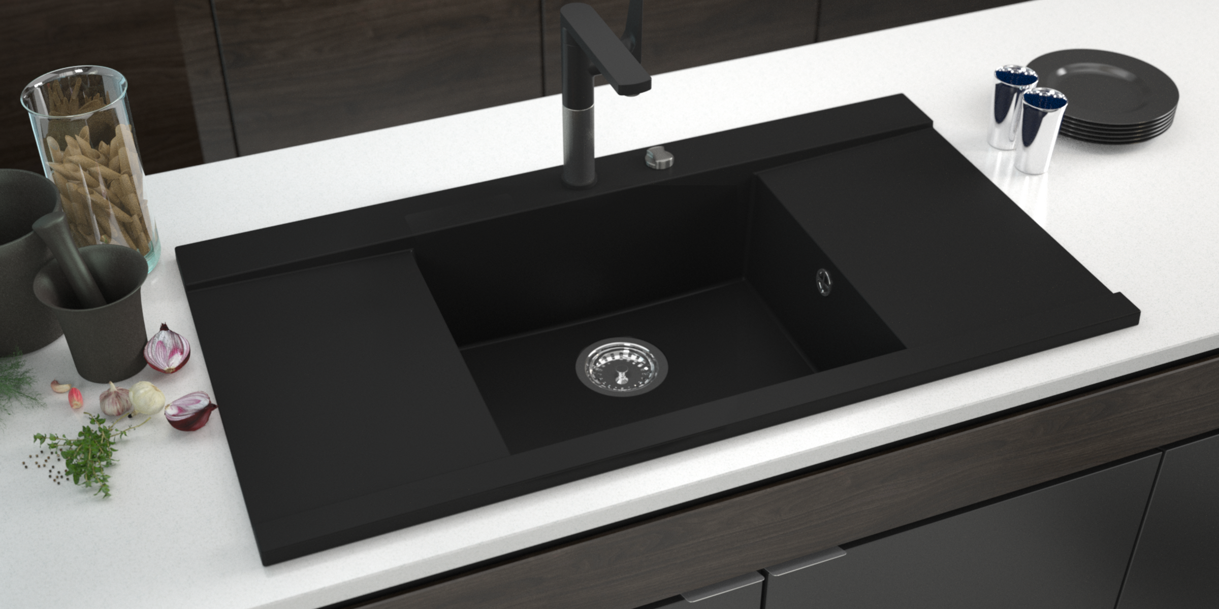 Élégant et pratique, l’évier MYLO en granit noir avec bac et 2 égouttoirs facilite le lavage et l’organisation.