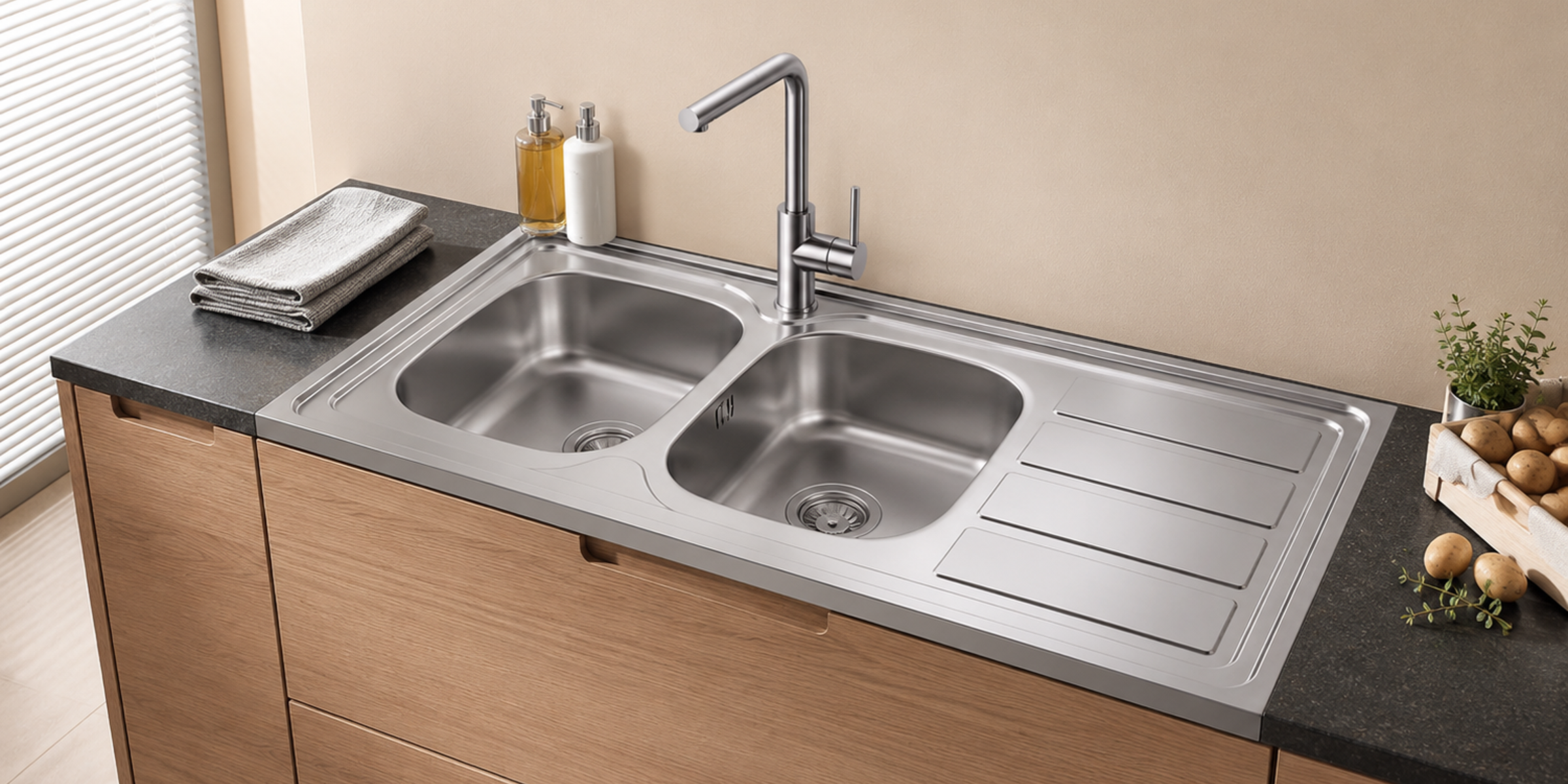 Évier bandeau à poser inox NINO 2 bacs 1 égouttoir - 120 cm, format XXL pour une cuisine familiale moderne et dynamique.