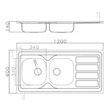 Évier bandeau à poser inox NINO 2 bacs 1 égouttoir - 120 cm
