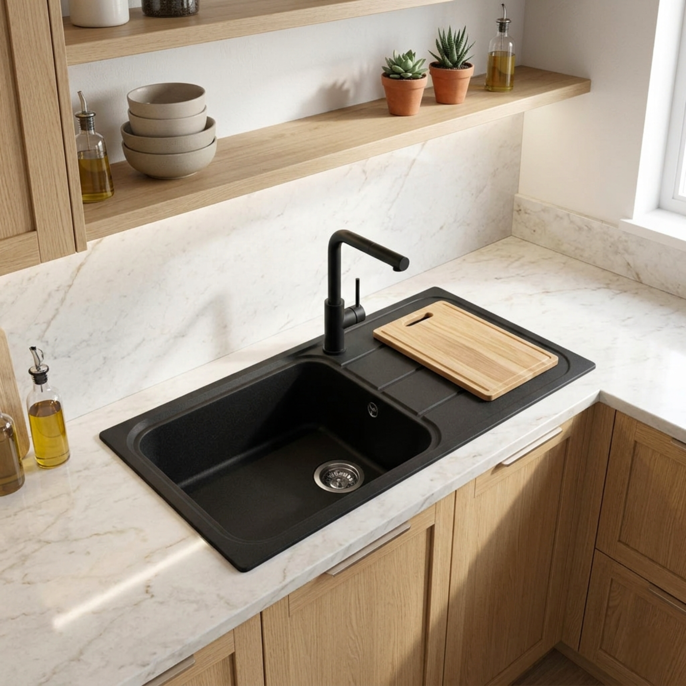 Évier granit noir Ewi OGLIO 1 grand bac 1 égouttoir