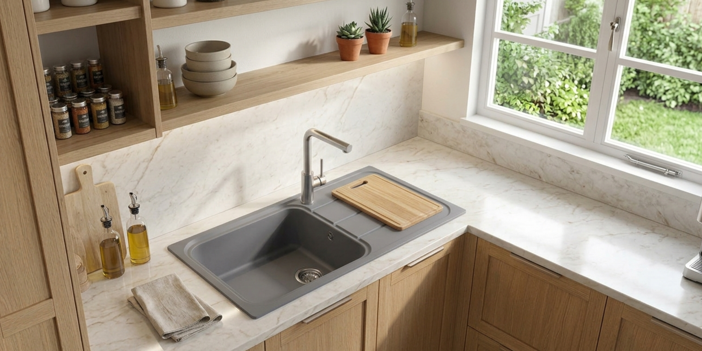 Évier granit gris Ewi OGLIO 1 grand bac 1 égouttoir, design minimaliste et cuve profonde en composite haute densité durable.