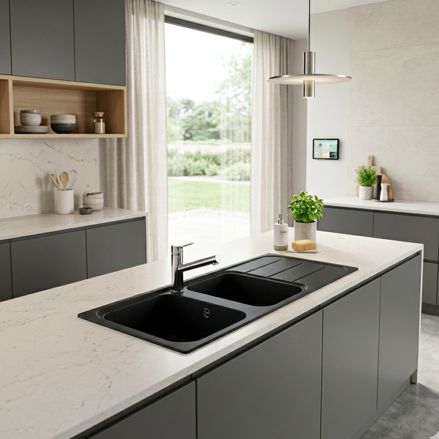 Évier granit noir Ewi OGLIO 2 bacs 1 égouttoir