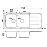 Évier granit gris Ewi OGLIO 2 bacs 1 égouttoir