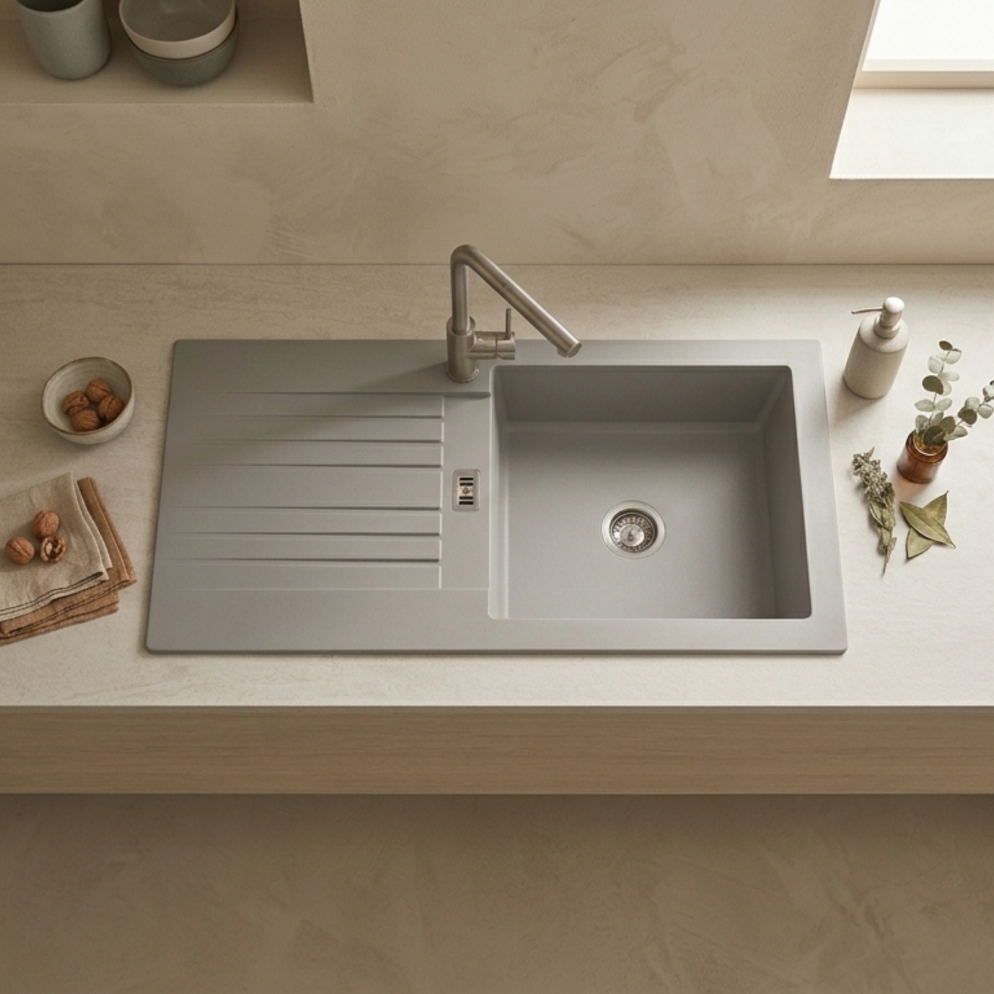 Évier résine gris béton PLUTON 1 grand bac 1 égouttoir