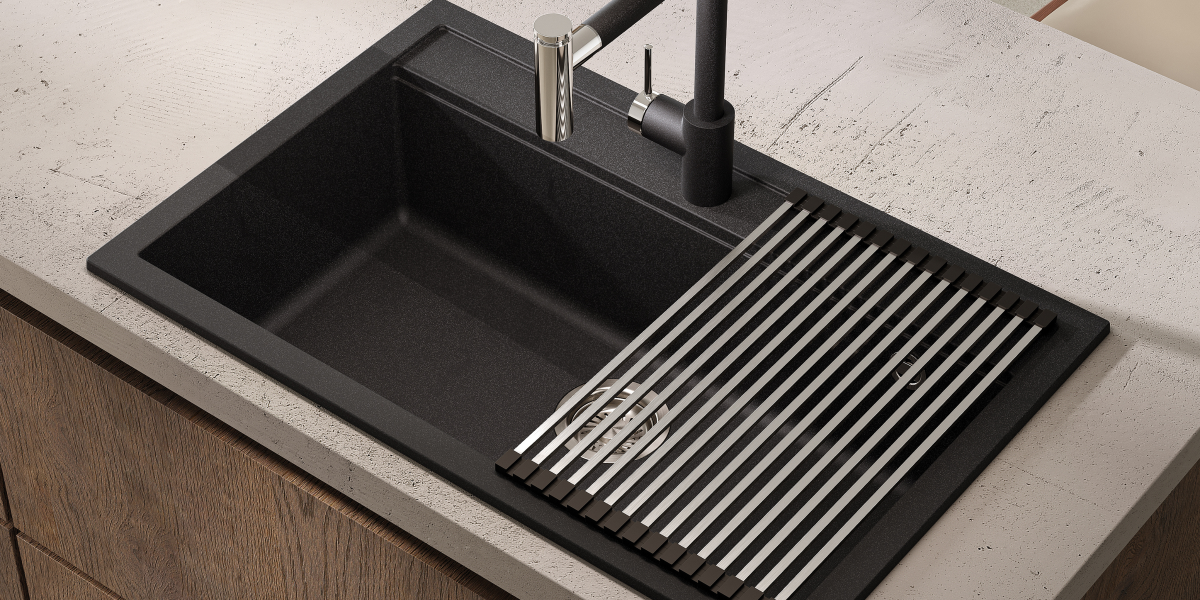 Évier granit noir Helika QUADRO 1 bac dans une belle cuisine