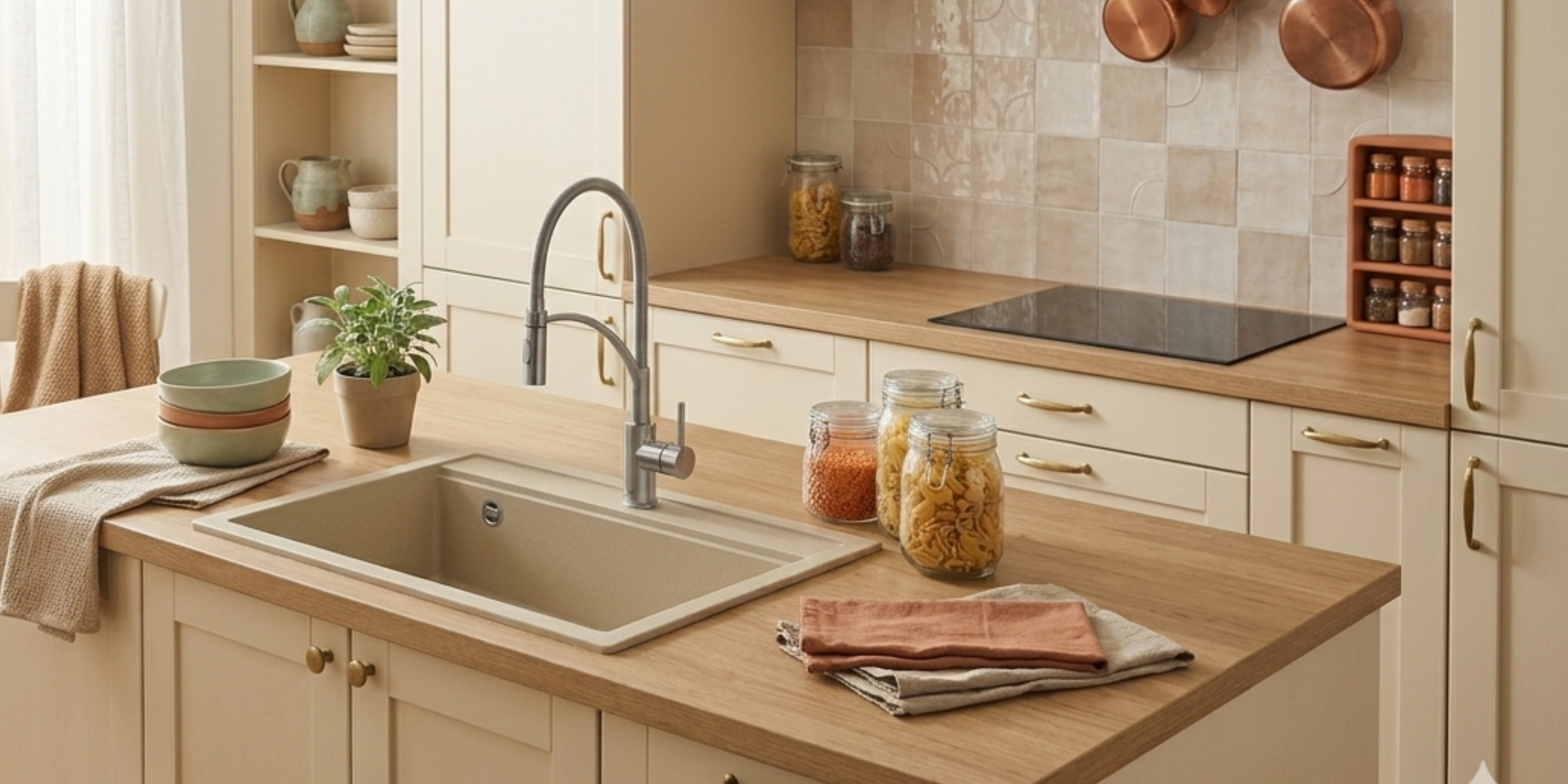 Évier granit beige Helika QUADRO 1 bac, cuve profonde avec matériau composite résistant et coloris minéral très chaleureux.