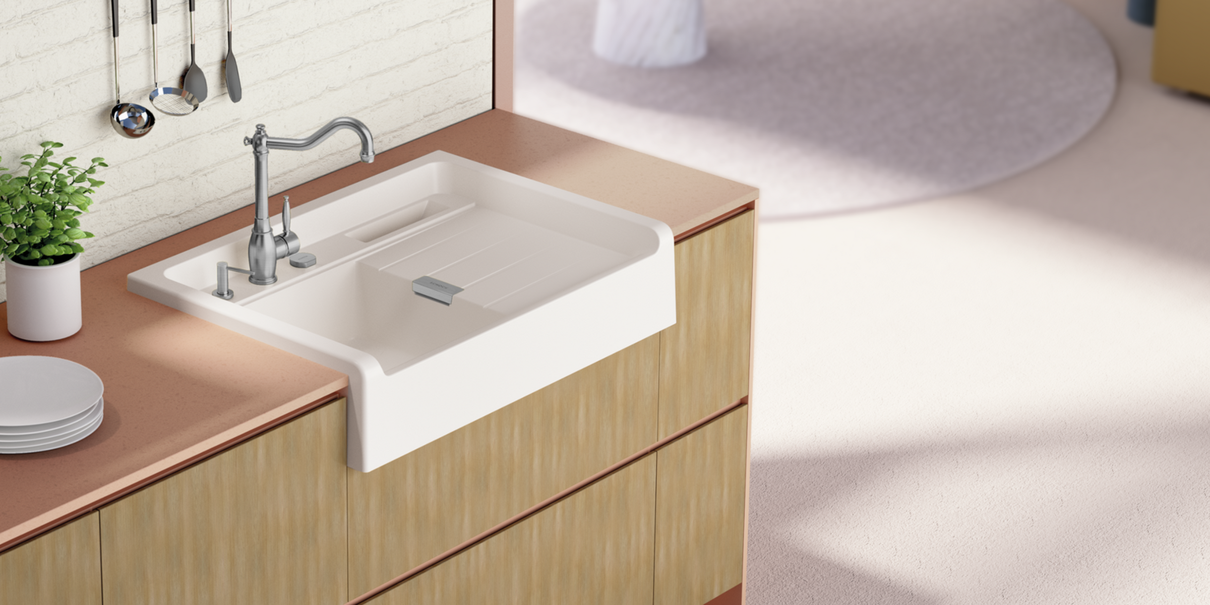 Évier granit Schock LARGO blanc polaris 1 bac 1 égouttoir, design épuré, qualité allemande, résistant