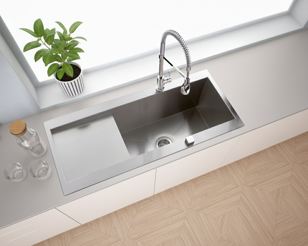 Cuisine aménagée avec un Évier inox lisse RIKAS 1 très grand bac 1 égouttoir