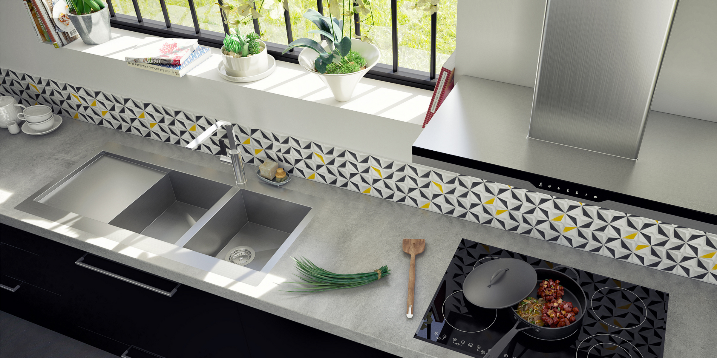 Pratique et résistant, l’évier RIKAS inox lisse avec 2 bacs et égouttoir facilite la préparation et le nettoyage.