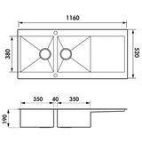 Évier inox lisse RIKAS 2 bacs 1 égouttoir