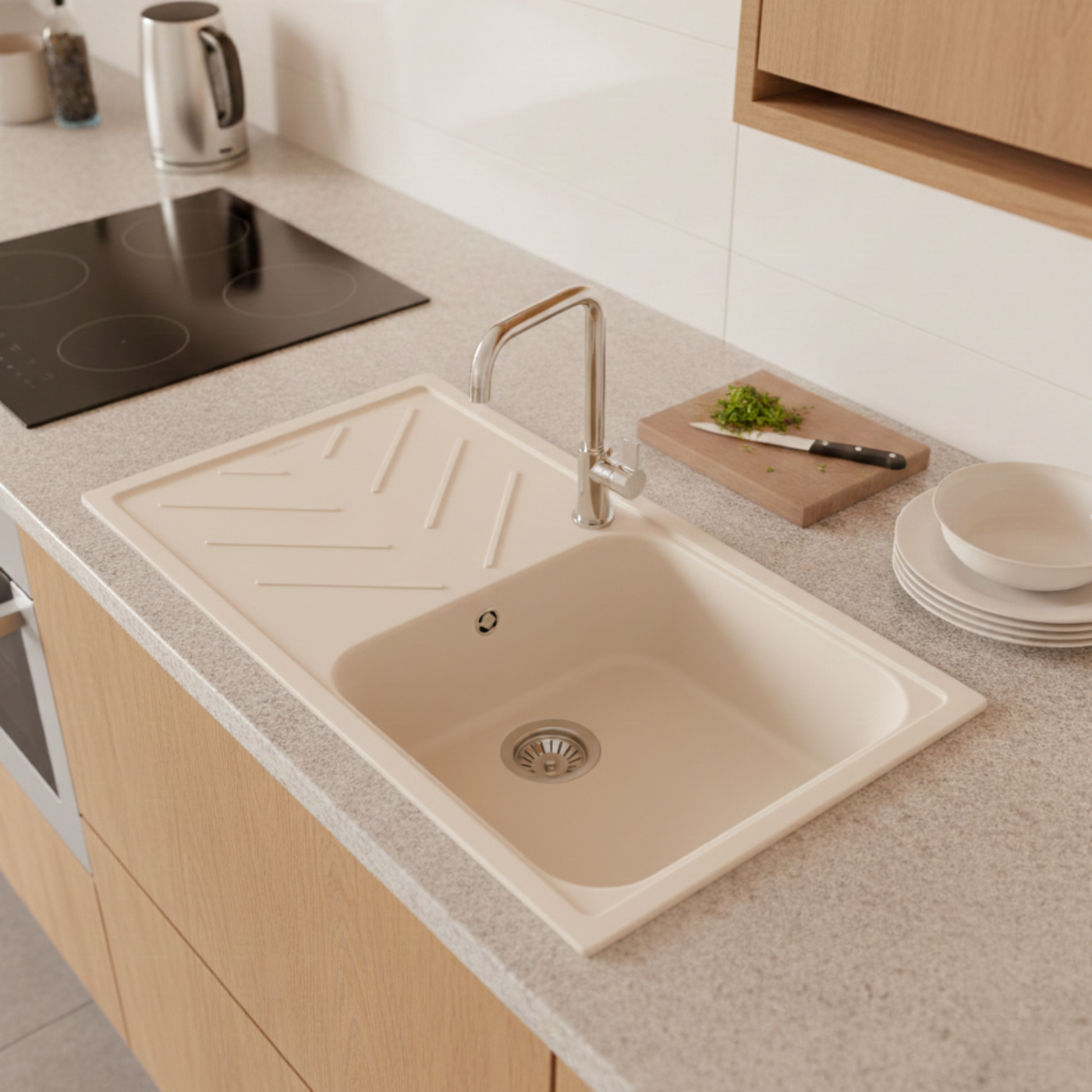 Évier granit beige Luisina ARPEGE 1 grand bac 1 égouttoir