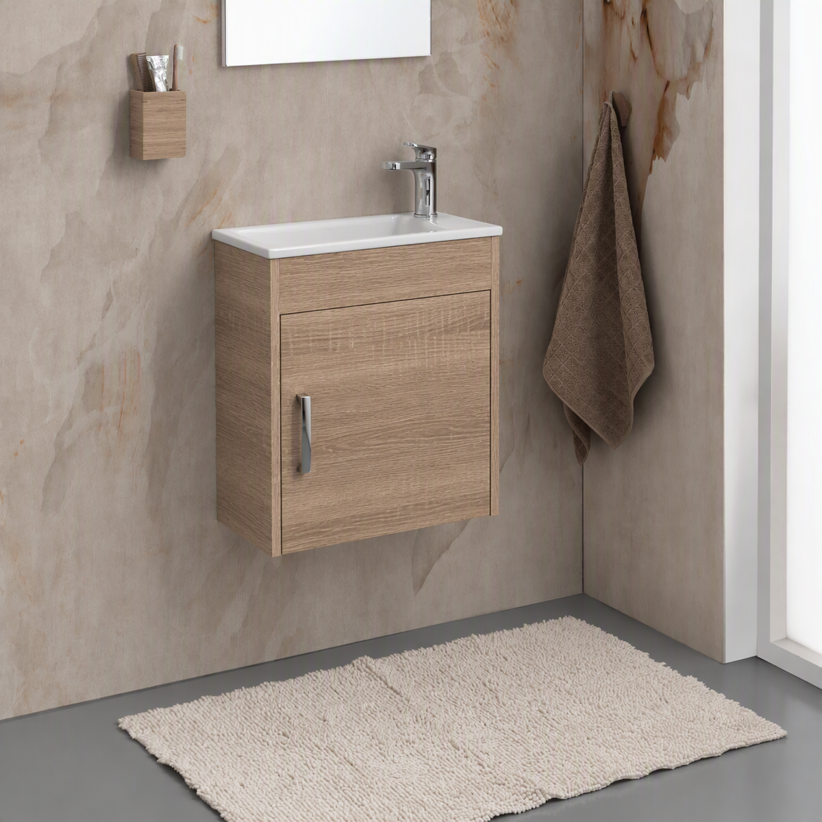 Meuble vasque salle de bain lave main céramique blanc et chêne JAMES 1 bac 500x450
