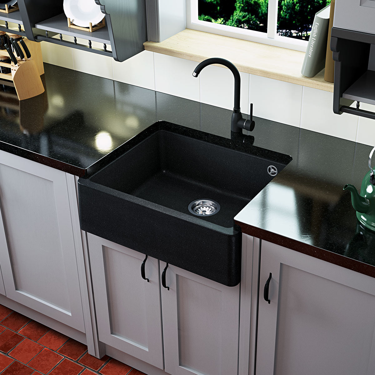 Évier timbre d'office sous-plan Kümbad SWAN granit noir 1 bac