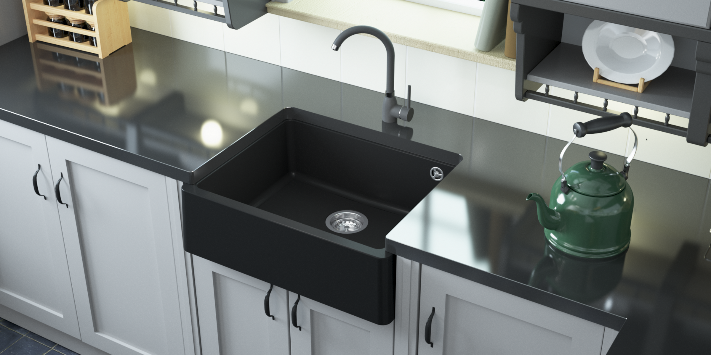 Évier timbre d'office sous-plan Kümbad SWAN granit noir 1 bac