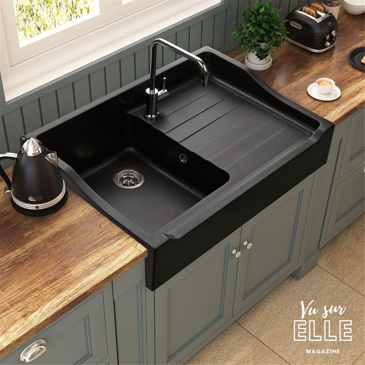 Évier timbre d'office granit noir Kümbad TAMARIN 1 bac 1 égouttoir
