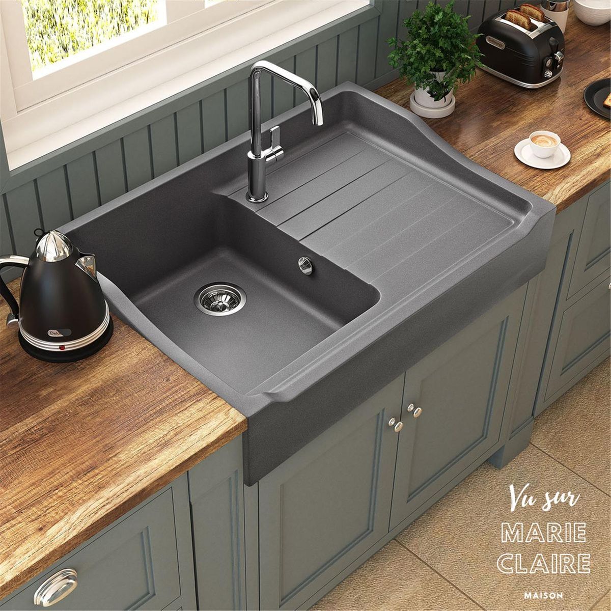Évier timbre d'office granit gris Kümbad TAMARIN - 1 bac 1 égouttoir