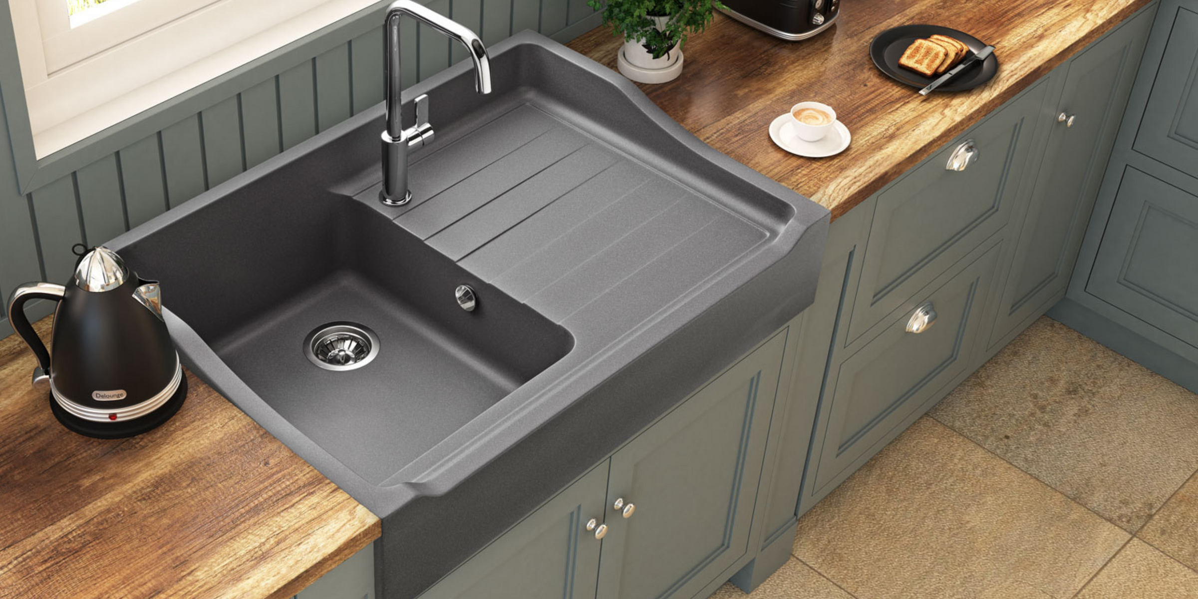 Évier timbre d'office granit gris Kümbad TAMARIN - 1 bac 1 égouttoir