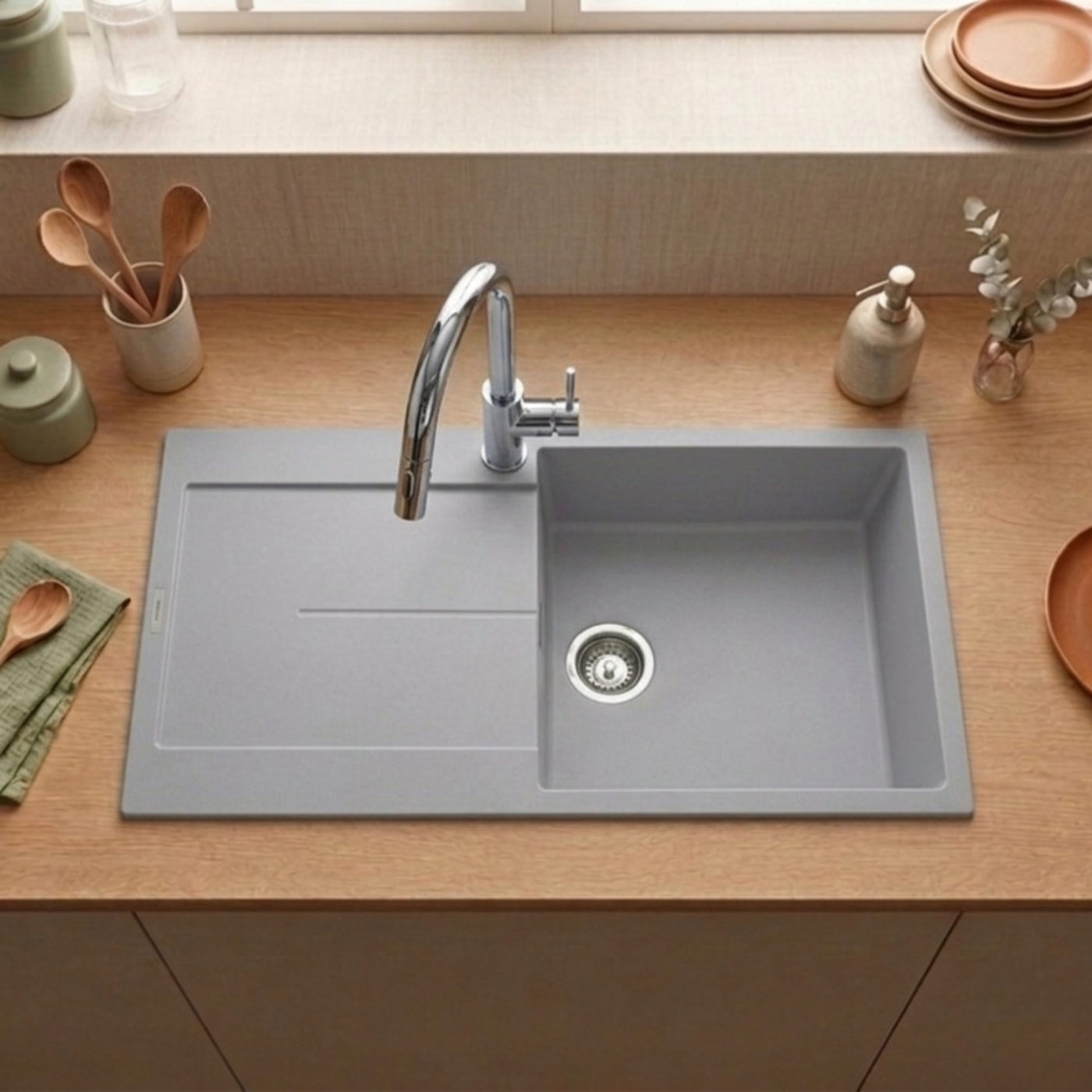 Évier granit gris Luisina TAM TAM 1 grand bac 1 égouttoir