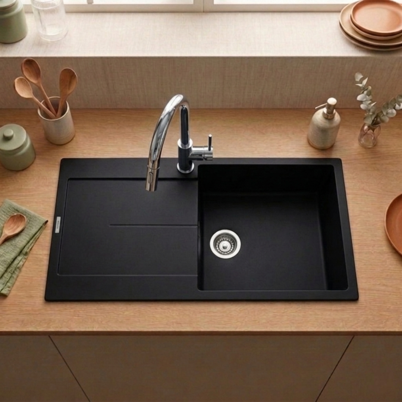 Évier granit noir Luisina TAM TAM 1 grand bac 1 égouttoir