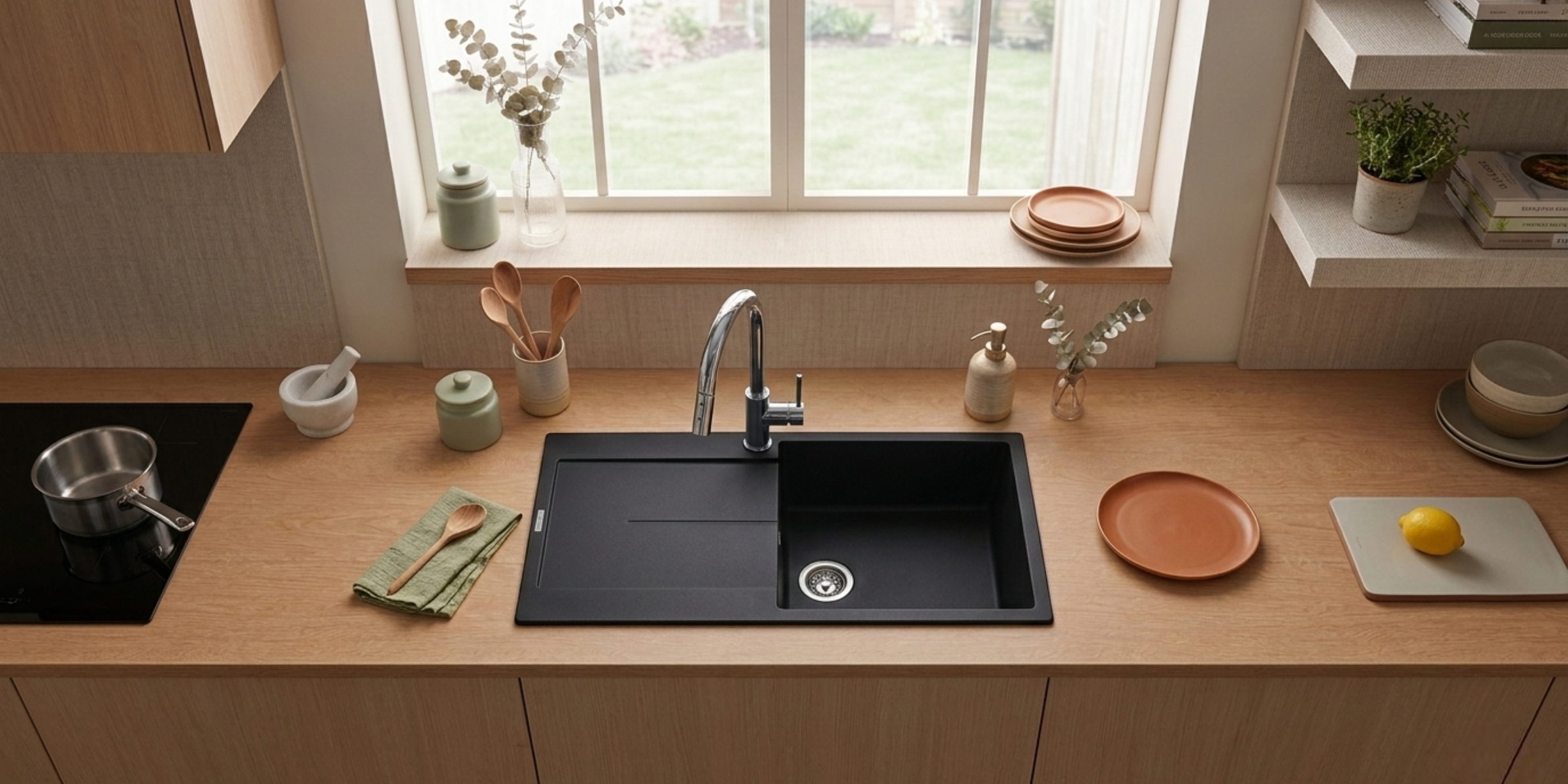 Évier granit noir Luisina TAM TAM 1 grand bac avec égouttoir, design moderne et surface résistante