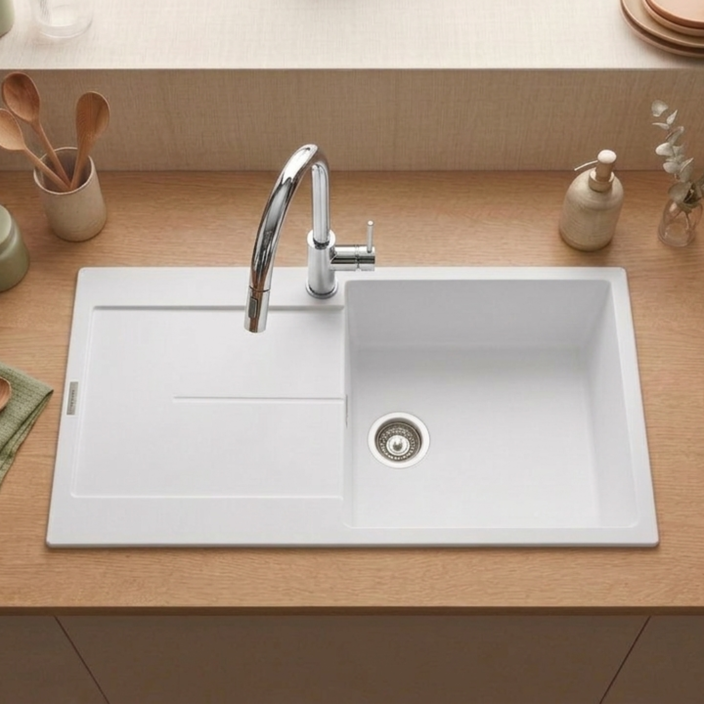 Évier granit blanc pur Luisina TAM TAM 1 grand bac 1 égouttoir