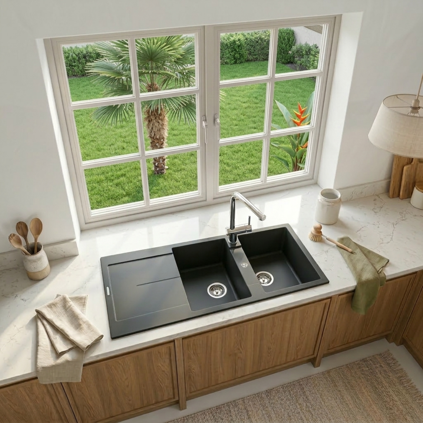 Évier granit noir Luisina TAM TAM 2 bacs 1 égouttoir