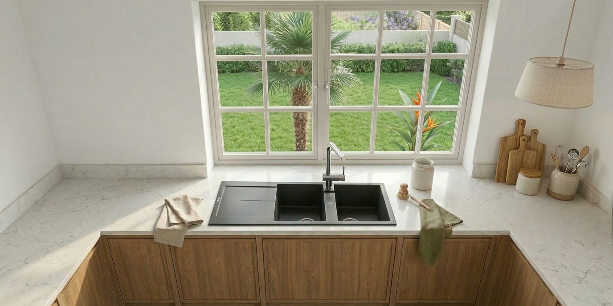 Évier granit noir Luisina TAM TAM 2 bacs, double cuve spacieuse et égouttoir pour gestion efficace de la plonge familiale.