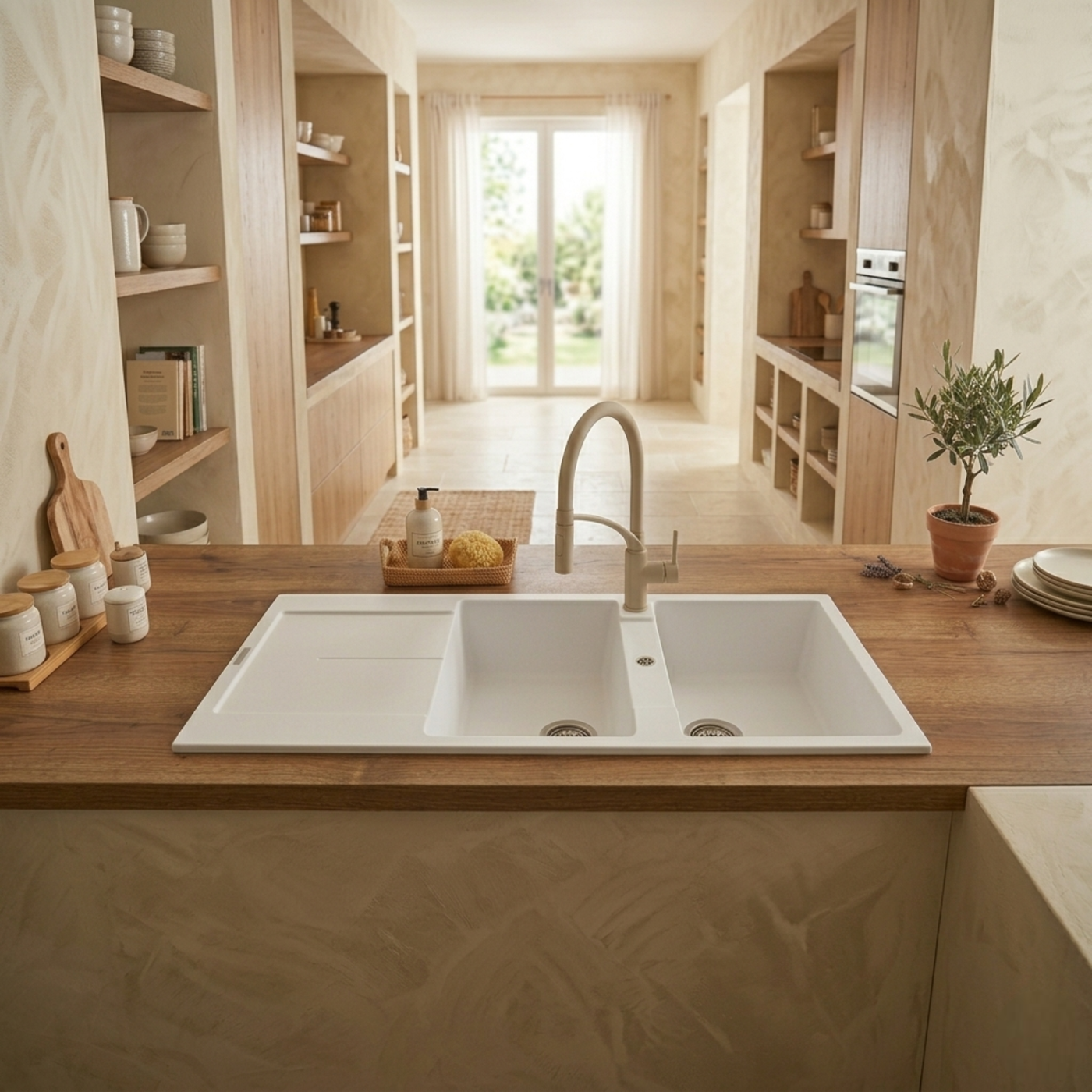 Évier granit blanc pur Luisina TAM TAM 2 bacs 1 égouttoir