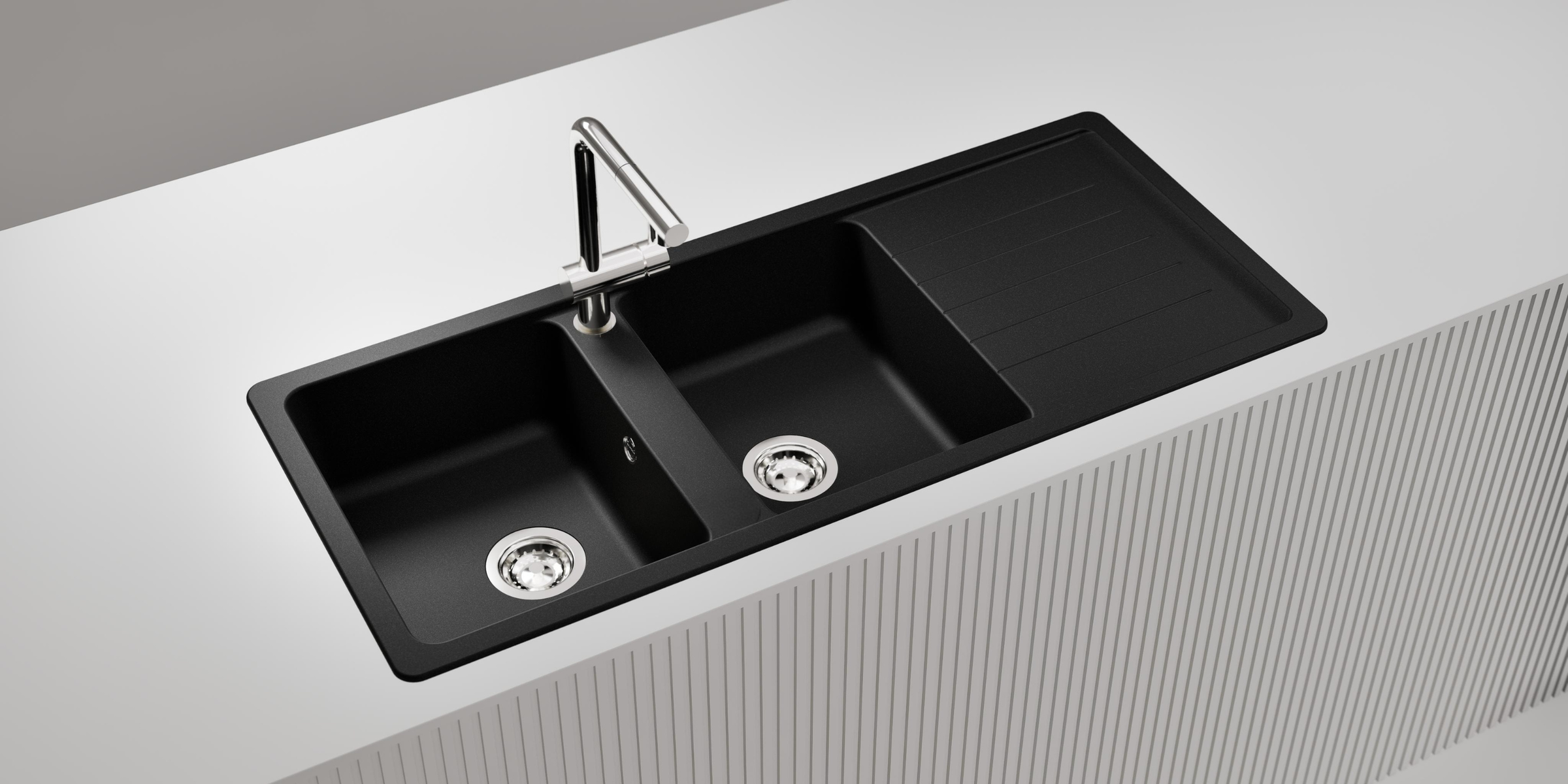 Évier granit noir Schock TOLEDO 2 bacs 1 égouttoir, pour cuisine contemporaine spacieuse, style moderne, et fonctionelle.