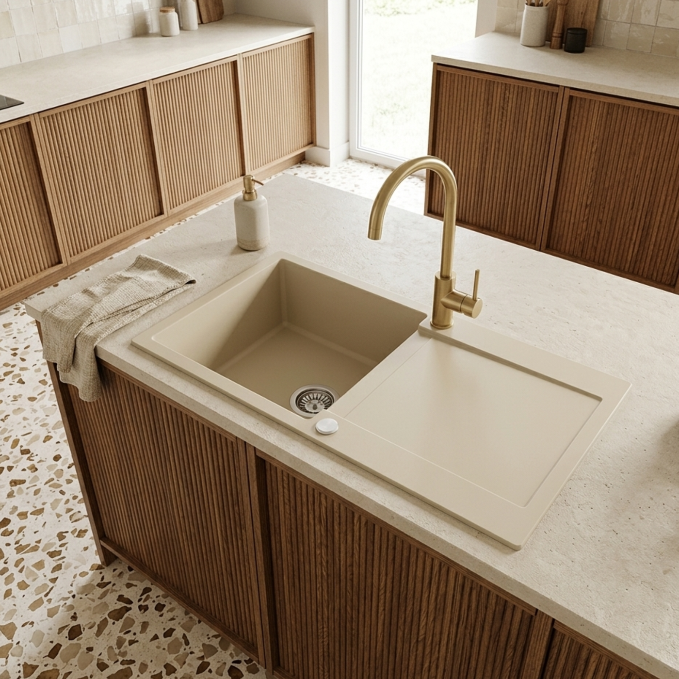Evier granit beige Helika TESIS 1 grand bac - 1 égouttoir