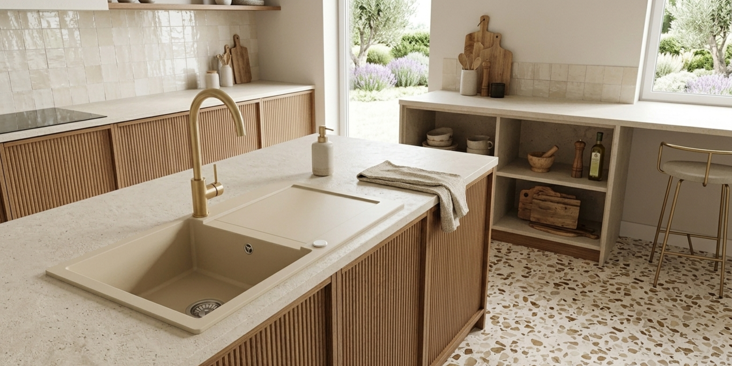 Evier granit beige Helika TESIS 1 grand bac - 1 égouttoir, cuve XL en quartz sable résistante aux chocs thermiques nets.
