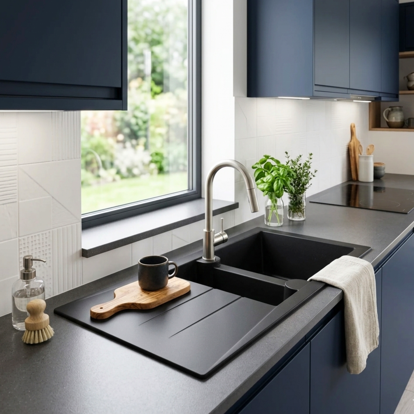 Évier résine noir moucheté TUNIA 1 bac et demi - 1 égouttoir