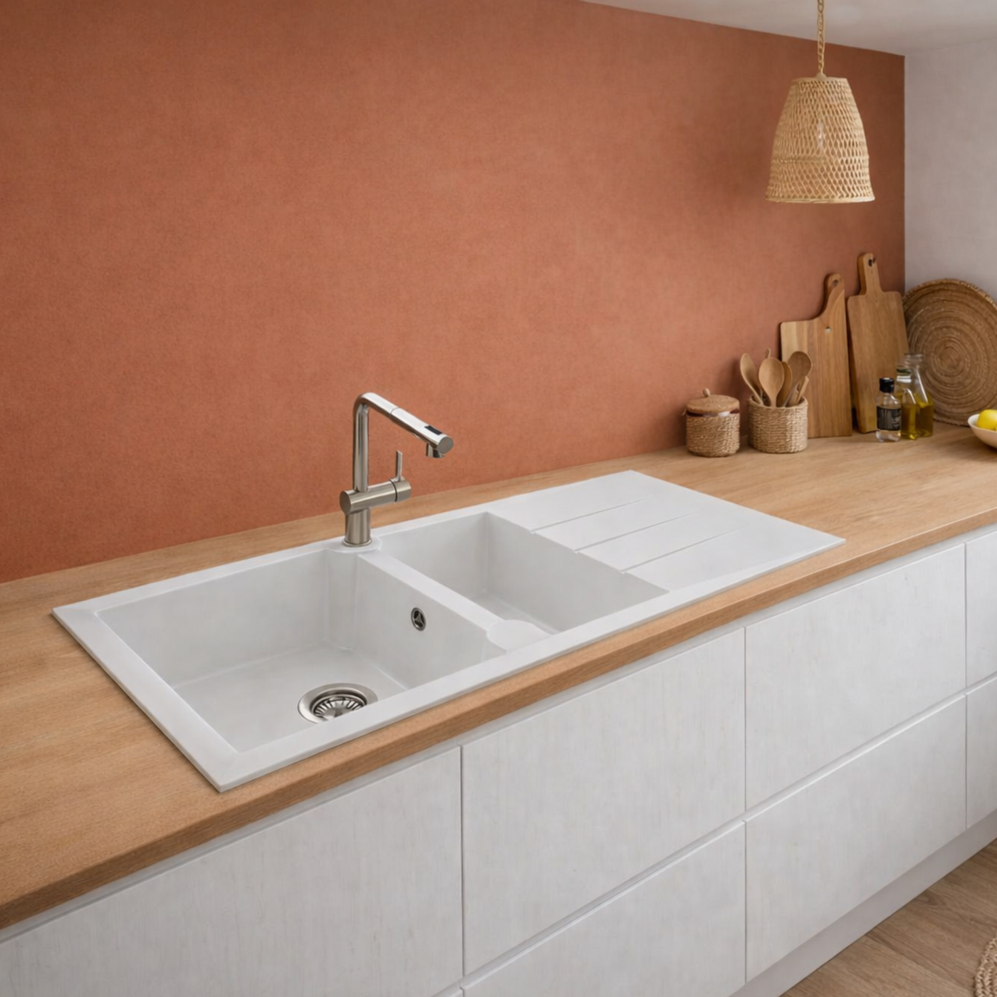 Évier résine blanc TUNIA 2 bacs 1 égouttoir