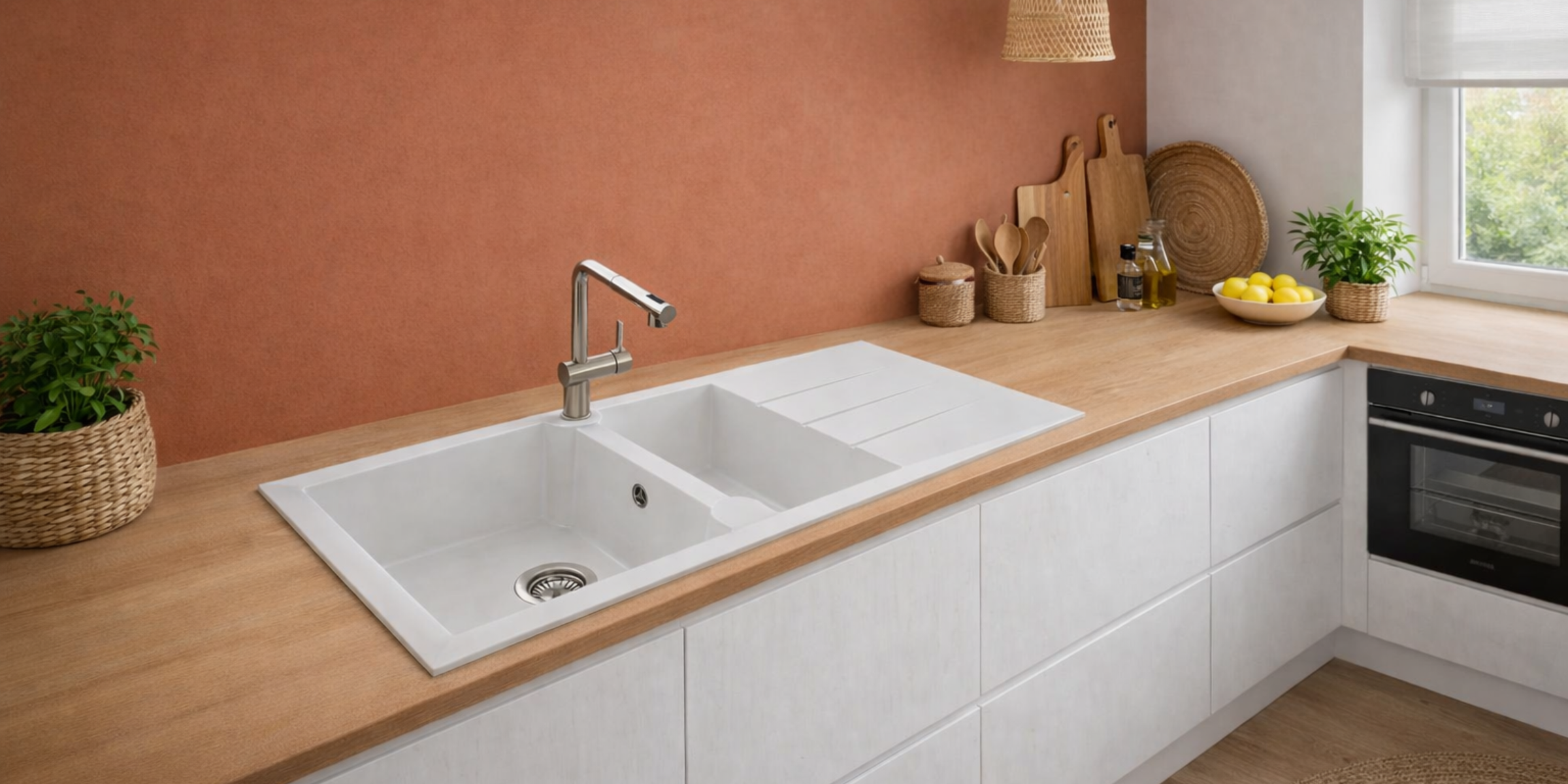 Évier de synthèse blanc TUNIA 2 bacs 1 égouttoir pour une cuisine aménagée