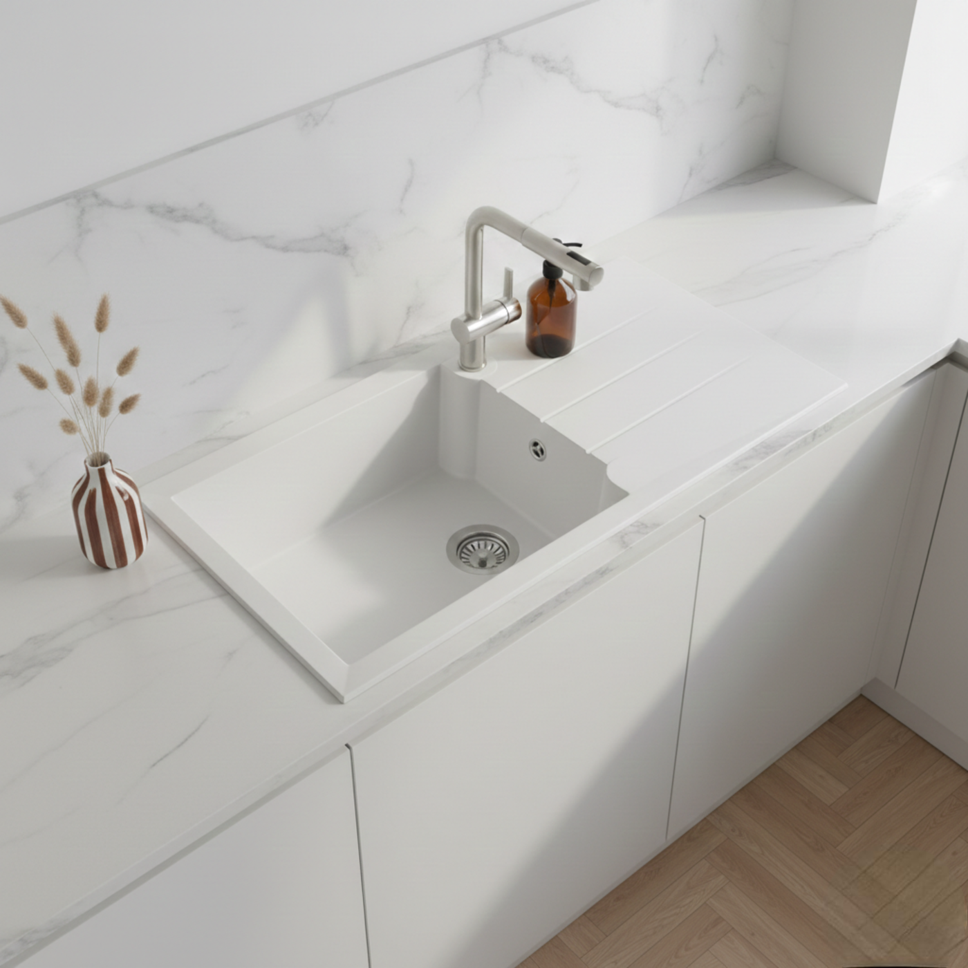 Évier résine blanc TUNIA 1 grand bac 1 égouttoir