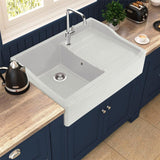 Évier timbre d'office granit blanc grisé mat Kümbad TERRY 1 bac 1 égouttoir à droite -