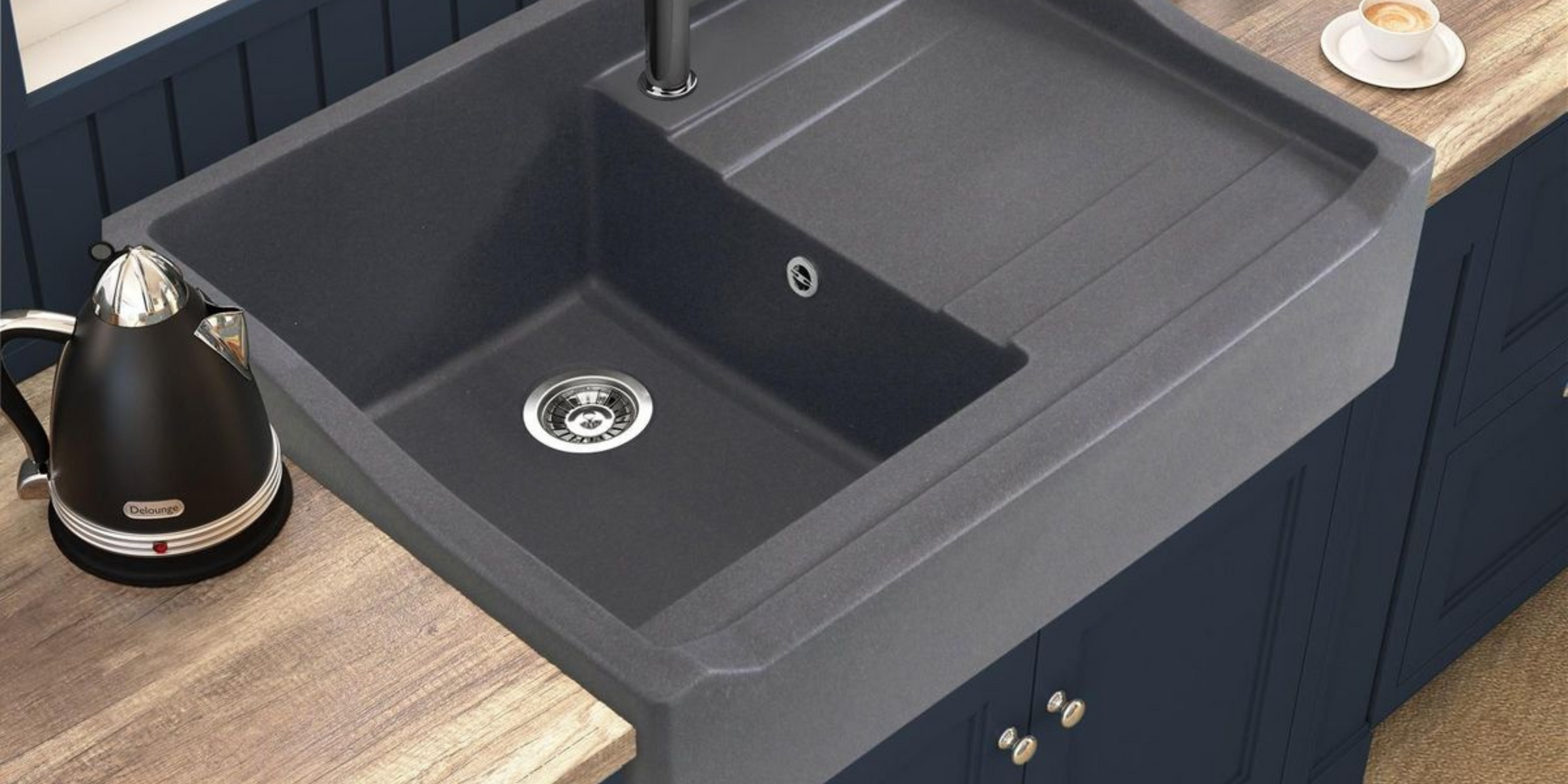 Évier timbre d'office granit gris Kümbad TERRY 1 bac 1 égouttoir à droite