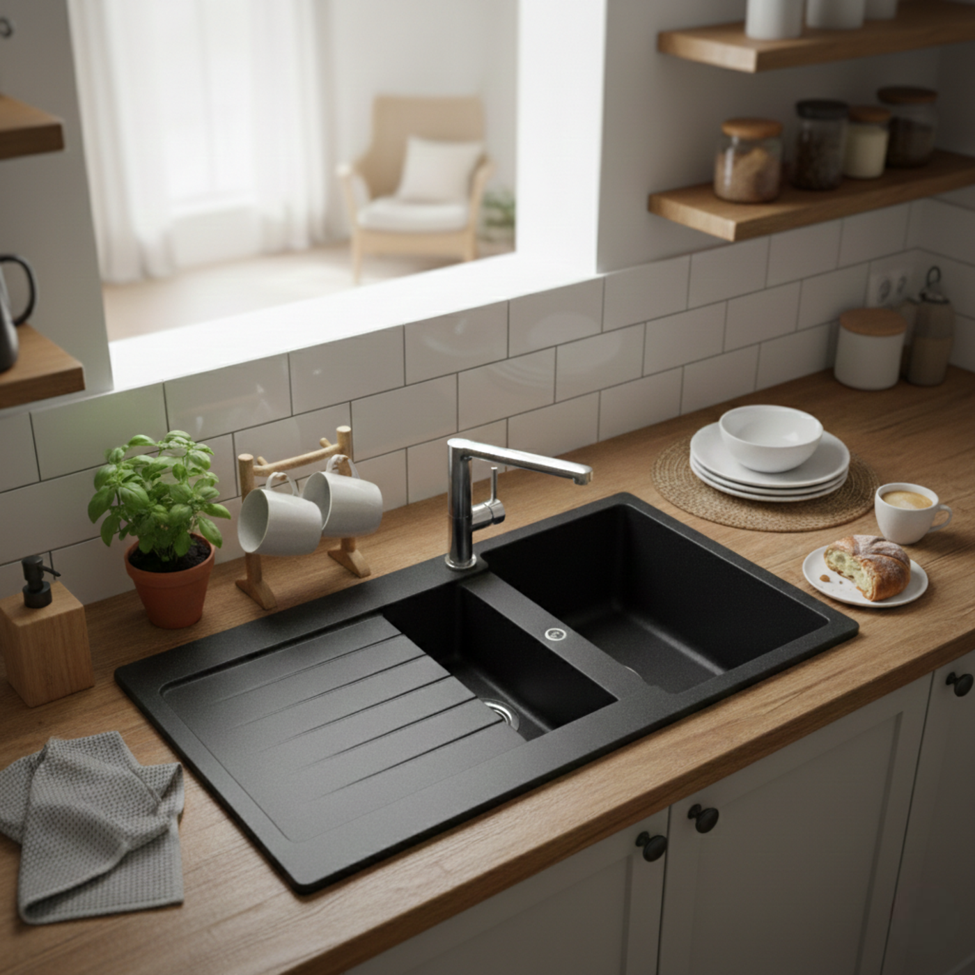 Évier granit noir profond Schock LEDIS 1 bac et demi - 1 égouttoir