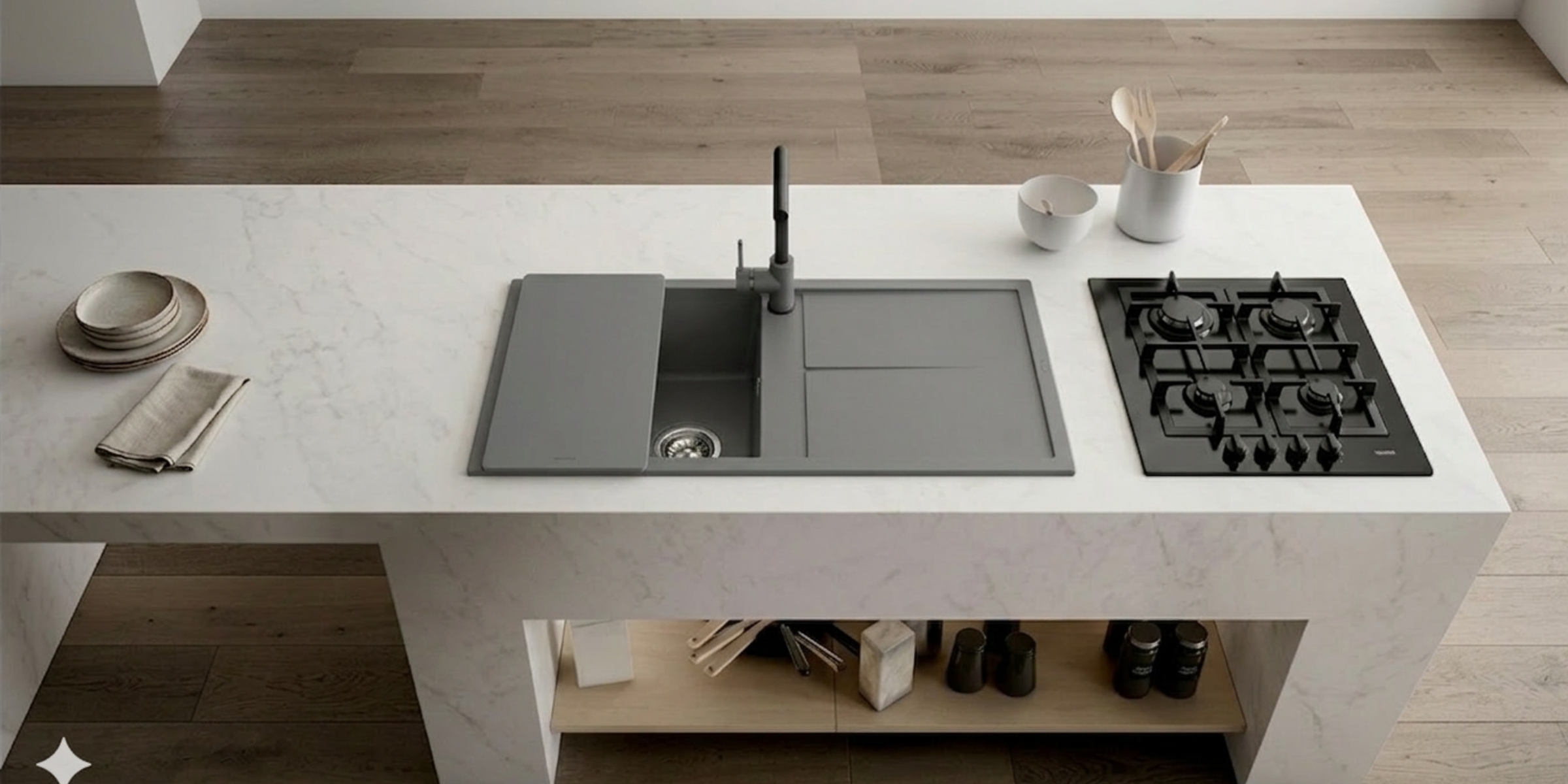 Evier granit gris métal Luisina MAESTOSO 1 grand bac 1 égouttoir, matériau composite résistant pour une cuisine de luxe.