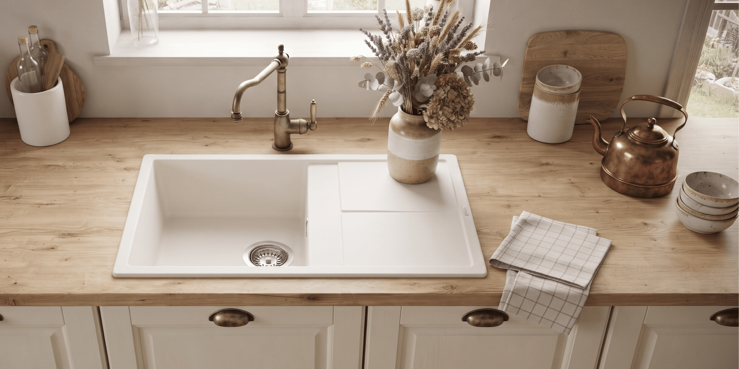 Evier granit beige Luisina MAESTOSO 1 bac 1 égouttoir, lignes fluides couleur sable pour une ambiance bohème chaleureuse.