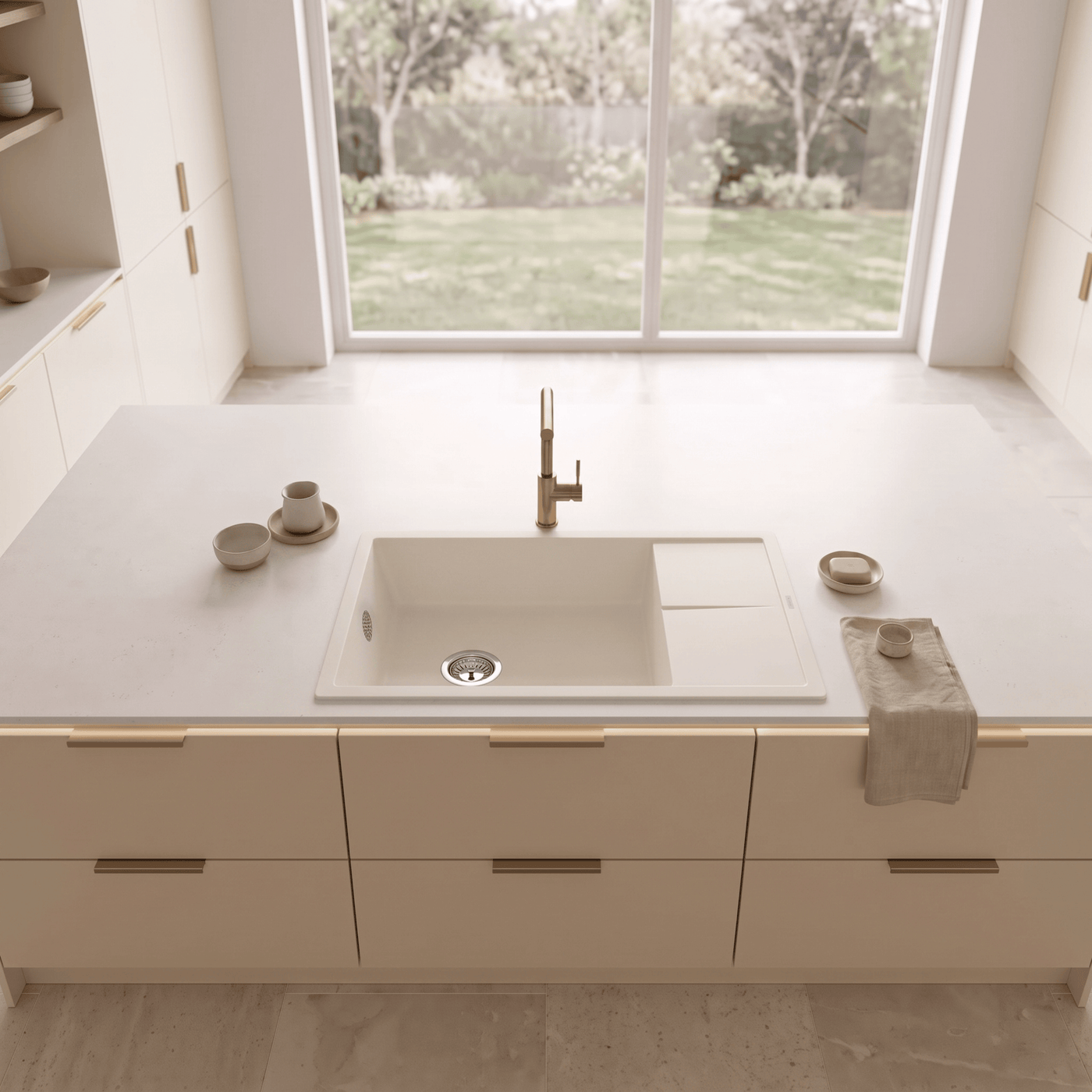 Evier granit blanc ivoire Luisina MAESTOSO 1 grand bac 1 petit égouttoir 78x50