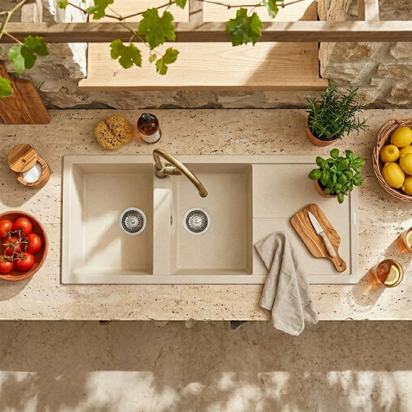 Evier granit beige Luisina MAESTOSO 2 bacs 1 égouttoir