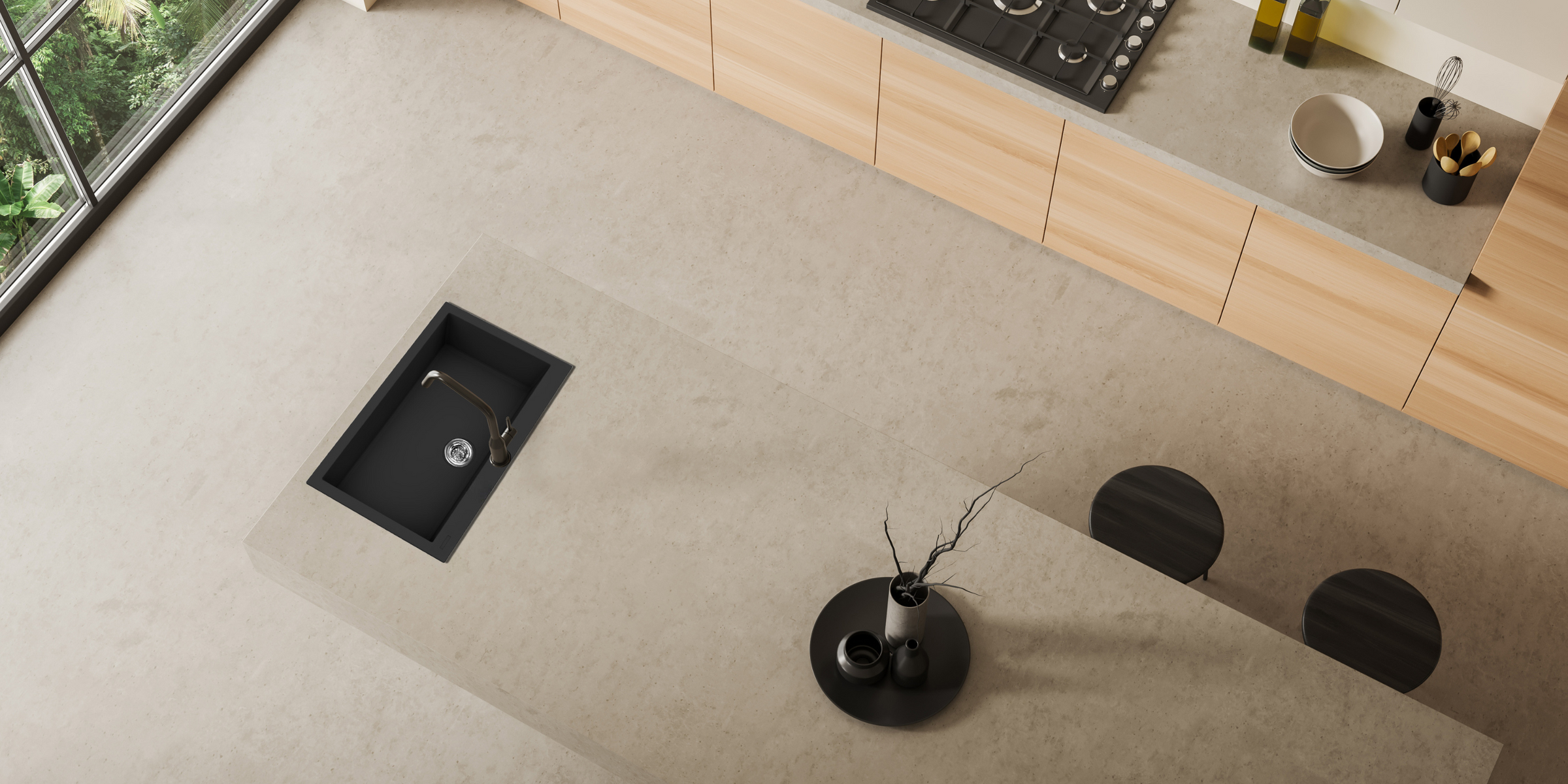 Élégance et robustesse avec l’évier QUADRILLE noir moucheté en granit (794x504), parfait pour votre espace cuisine.