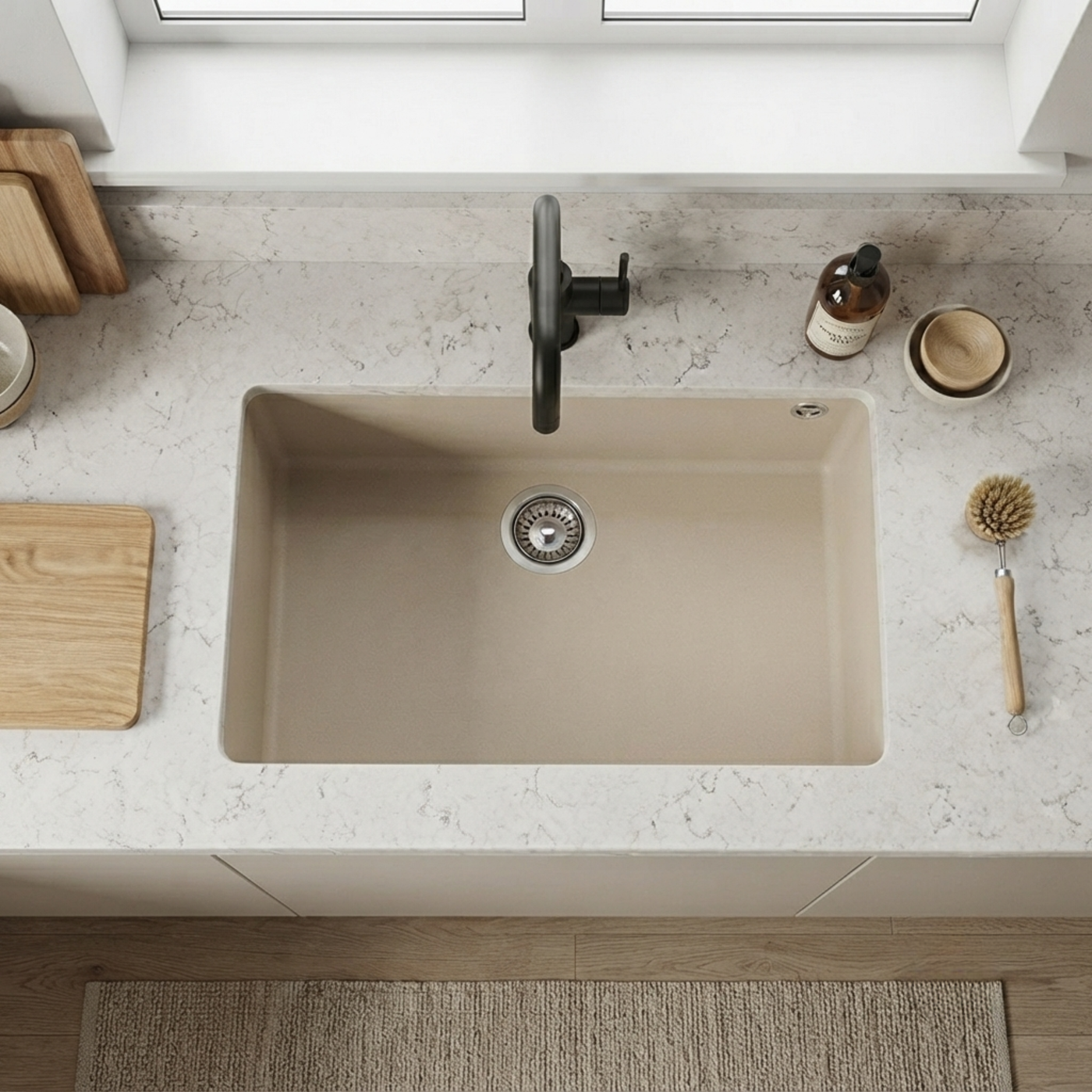 Évier sous-plan granit beige Luisina QUADRILLE 1 bac 760x440