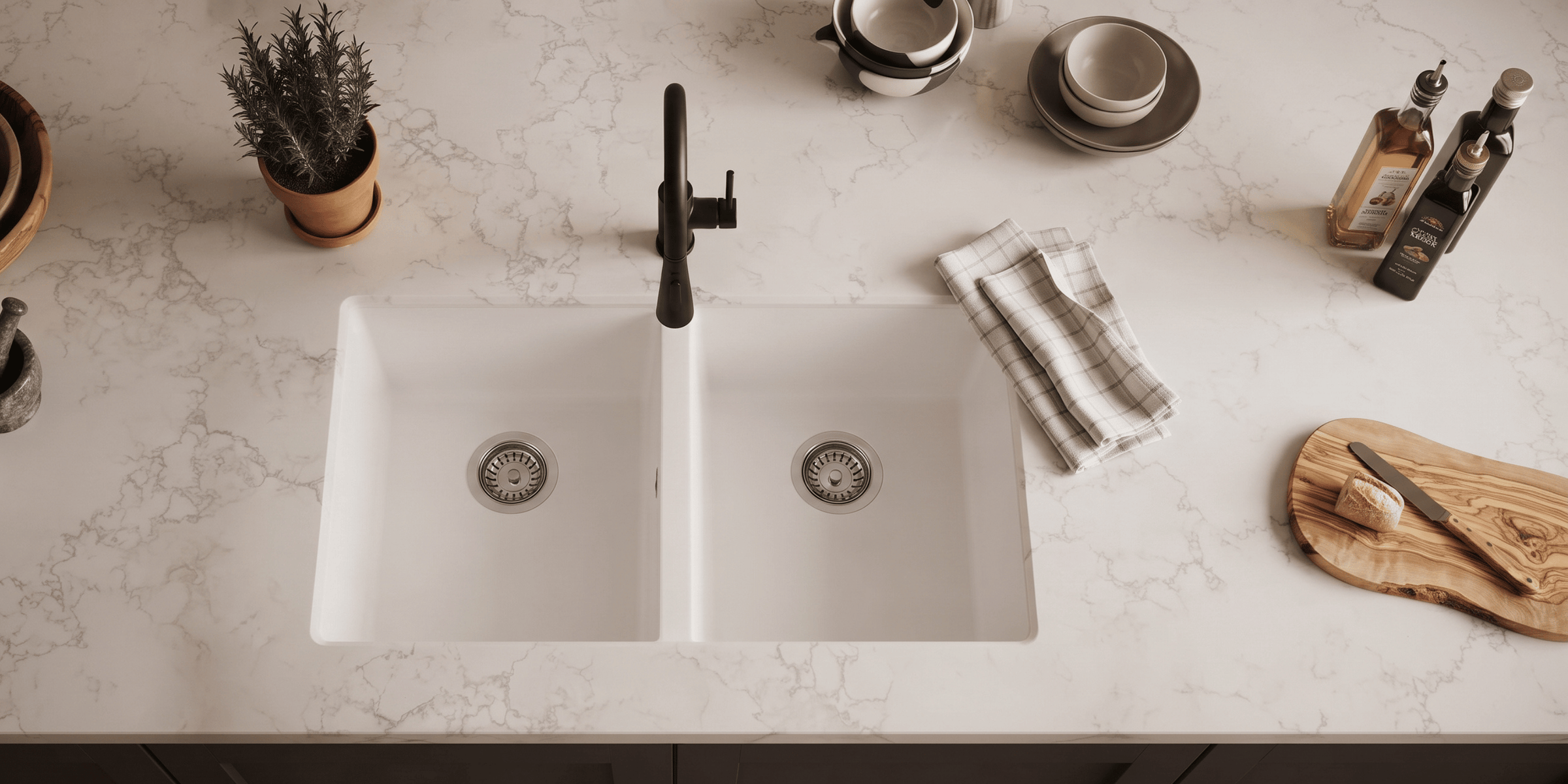 Évier sous-plan granit beige Luisina QUADRILLE 2 bacs, cuve invisible pour une ligne de plan de travail épurée et douce.