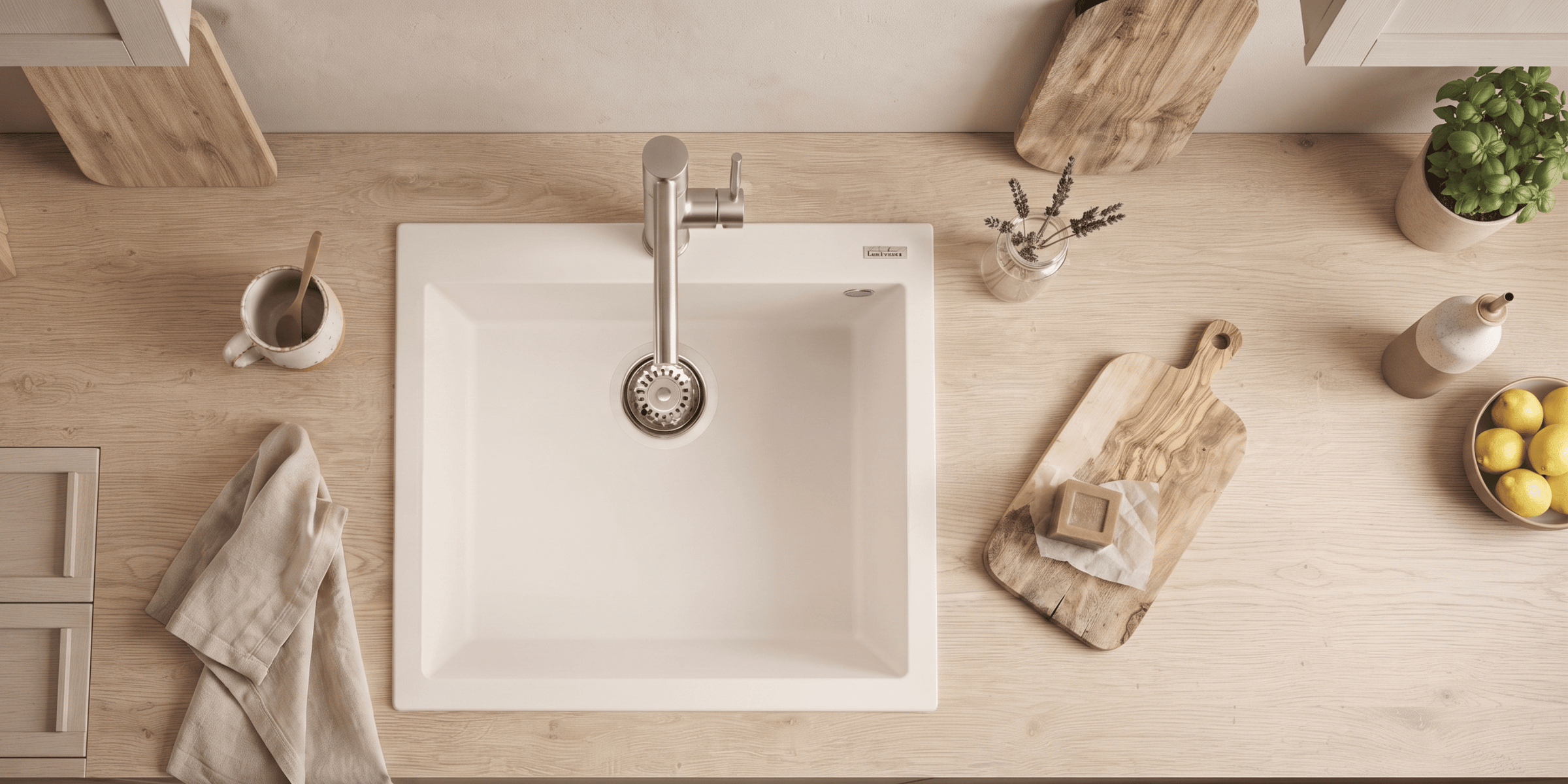 Évier granit beige Luisina QUADRILLE 1 bac 570x500, cuve encastrée intemporelle pour un décor de cuisine doux et chaleureux.