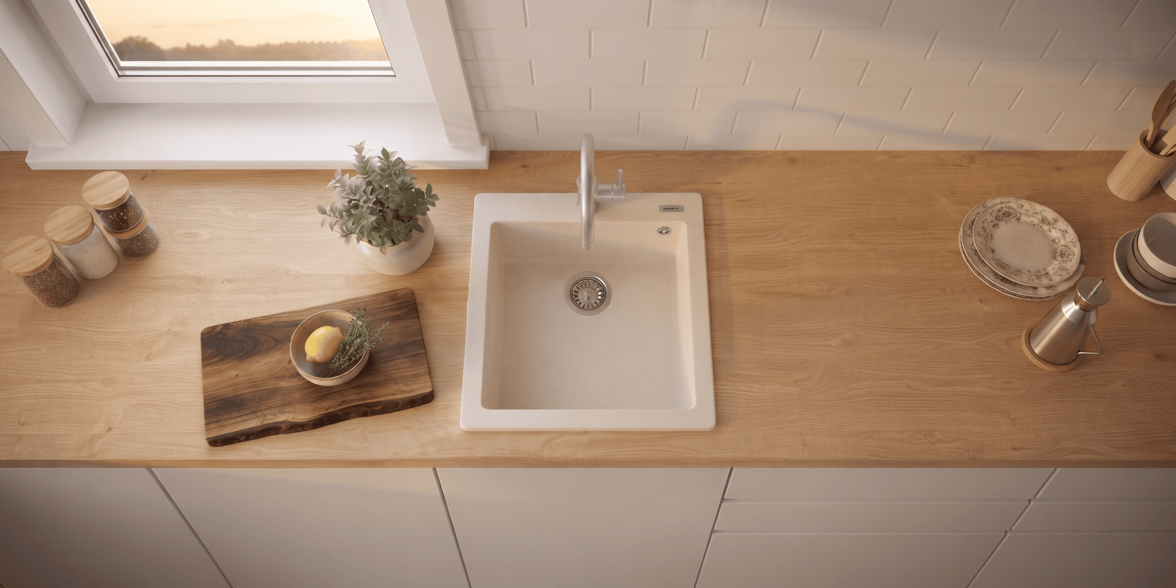 Évier granit beige Luisina QUADRILLE 1 bac 410x500, cuve carrée sous-plan apportant un design minimaliste et zen à l'îlot.