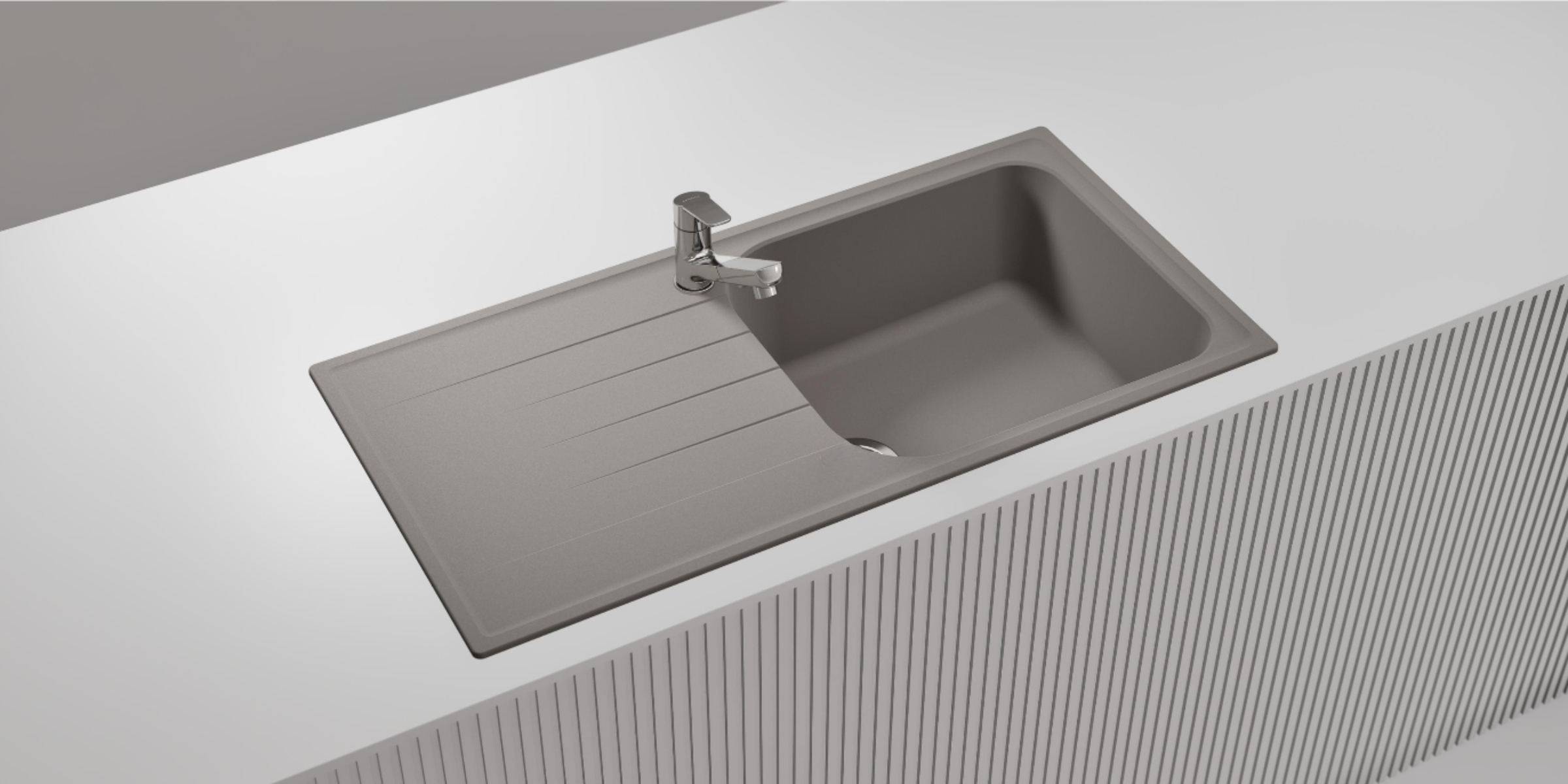 Évier granit Schock VIOLA gris béton 1 grand bac avec égouttoir, finition résistante et design contemporain en cuisine.