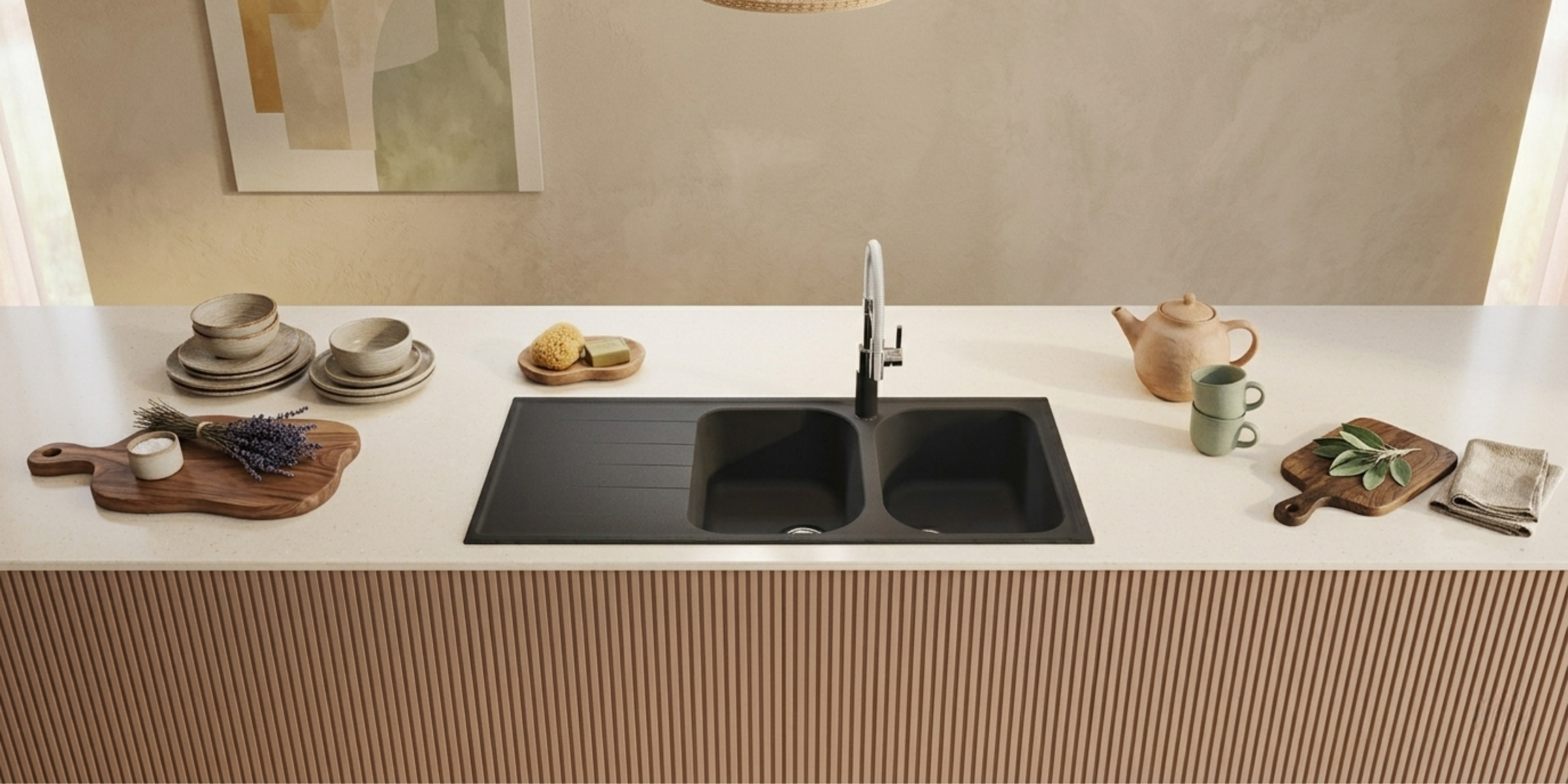 Evier granit Schock VIOLA noir 2 bacs avec égouttoir, pratique et résistant, idéal pour cuisine moderne et usage quotidien.
